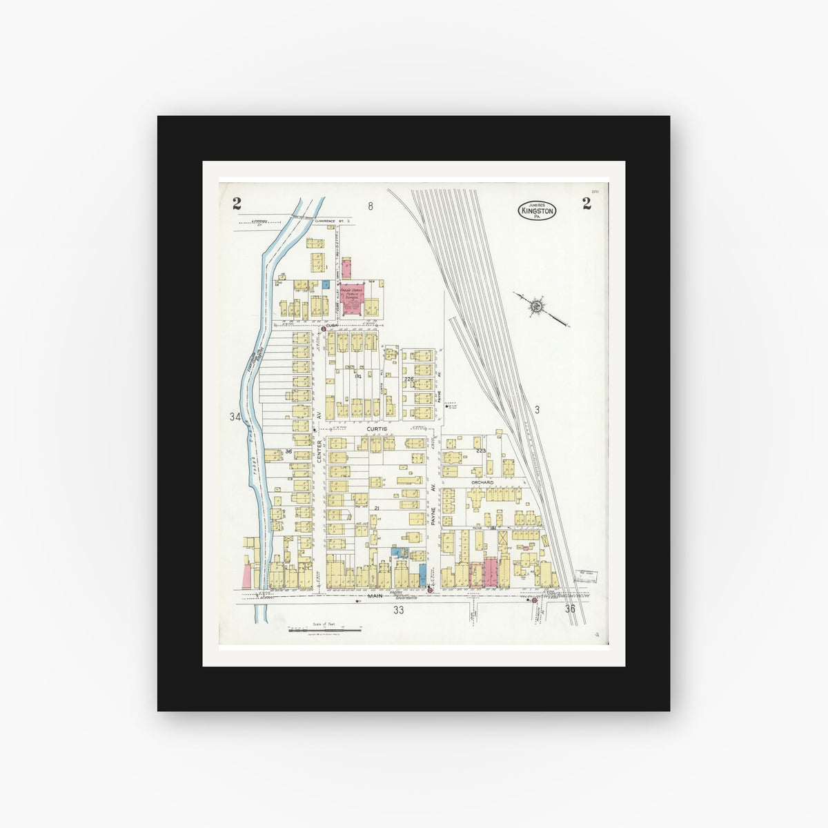Old map wall art mockup — black gallery frame with white mat — Sanborn Fire Insurance Map from Kingston, Luzerne County, Pennsylvania (1925), Sheet #0002