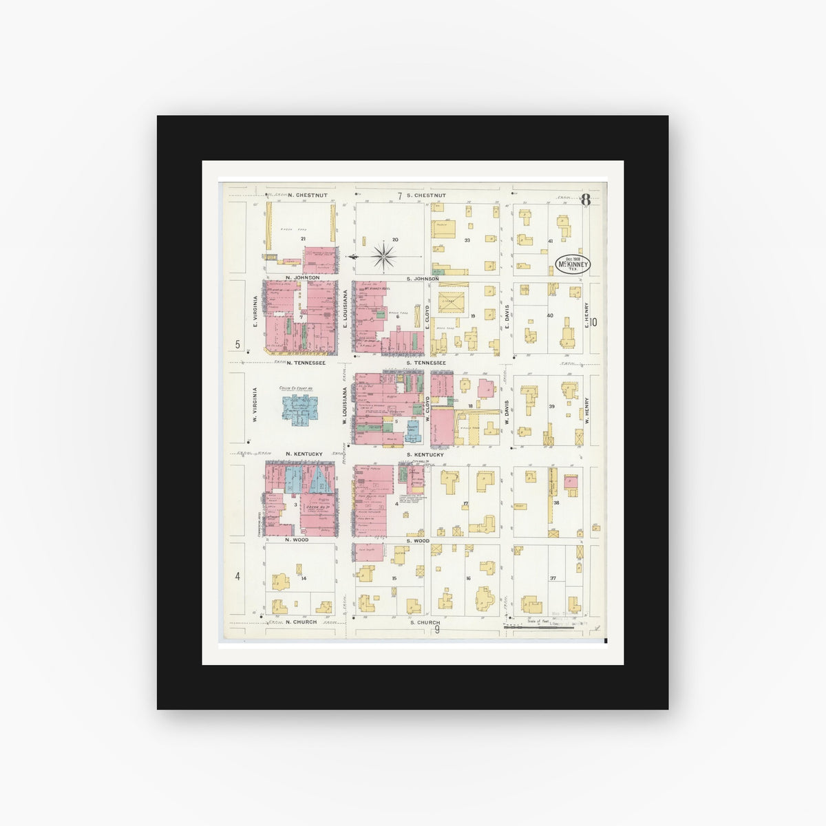 Old map wall art mockup — black gallery frame with white mat — Sanborn Fire Insurance Map from McKinney, Collin County, Texas (1908), Sheet #0008