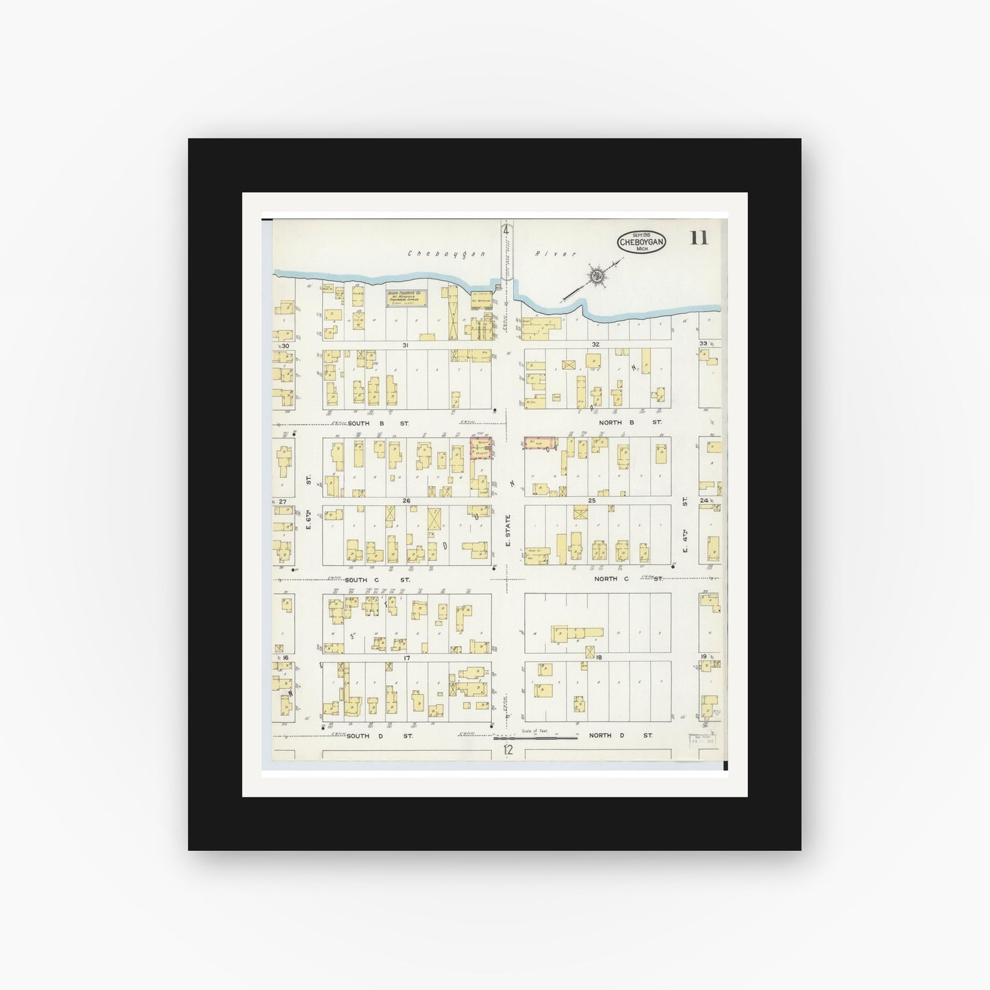 Old map wall art mockup — black gallery frame with white mat — Sanborn Fire Insurance Map from Cheboygan, Cheboygan County, Michigan (1915), Sheet #0011