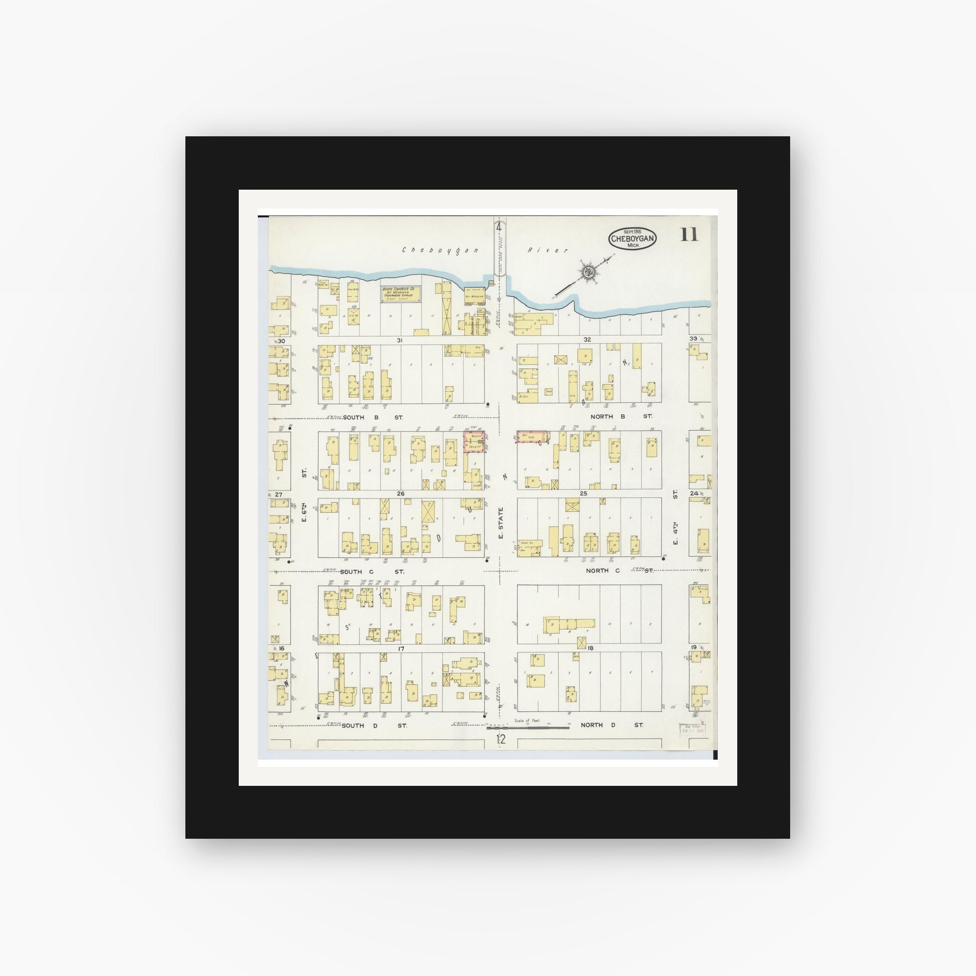 Old map wall art mockup — black gallery frame with white mat — Sanborn Fire Insurance Map from Cheboygan, Cheboygan County, Michigan (1915), Sheet #0011