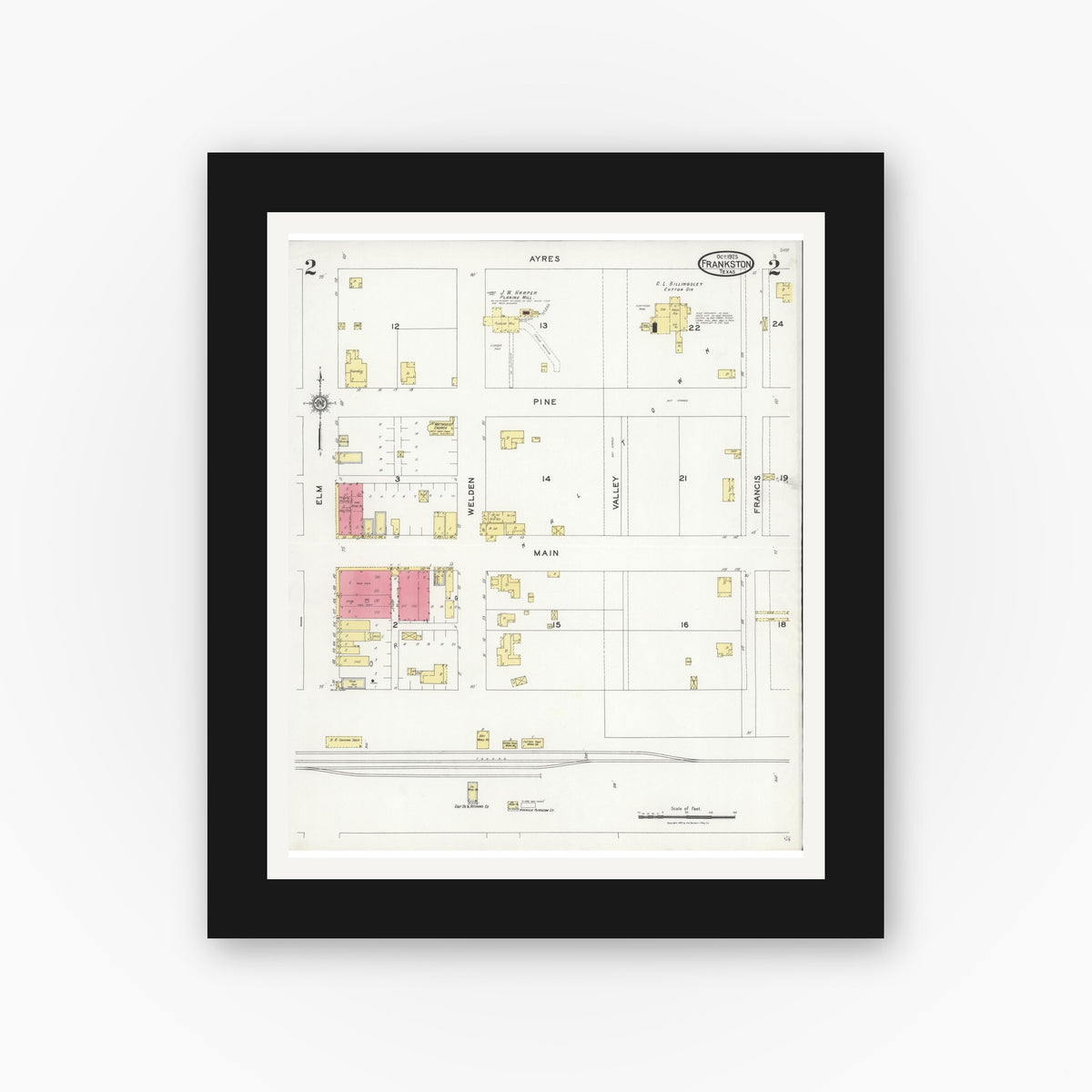 Old map wall art mockup — black gallery frame with white mat — Sanborn Fire Insurance Map from Frankston, Anderson County, Texas (1925), Sheet #0002