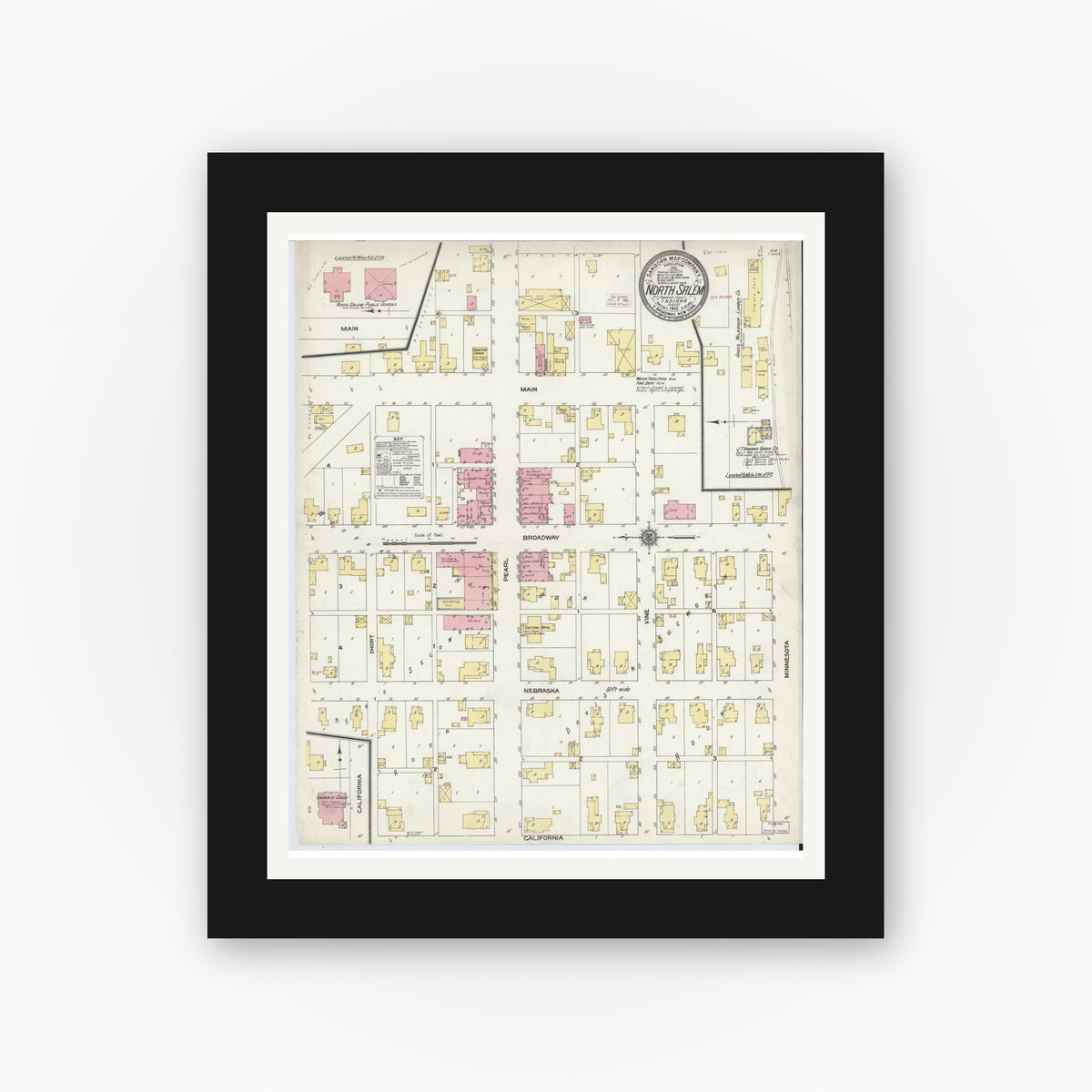 Old map wall art mockup — black gallery frame with white mat — Sanborn Fire Insurance Map from North Salem, Hendricks County, Indiana (1910), Sheet #0001