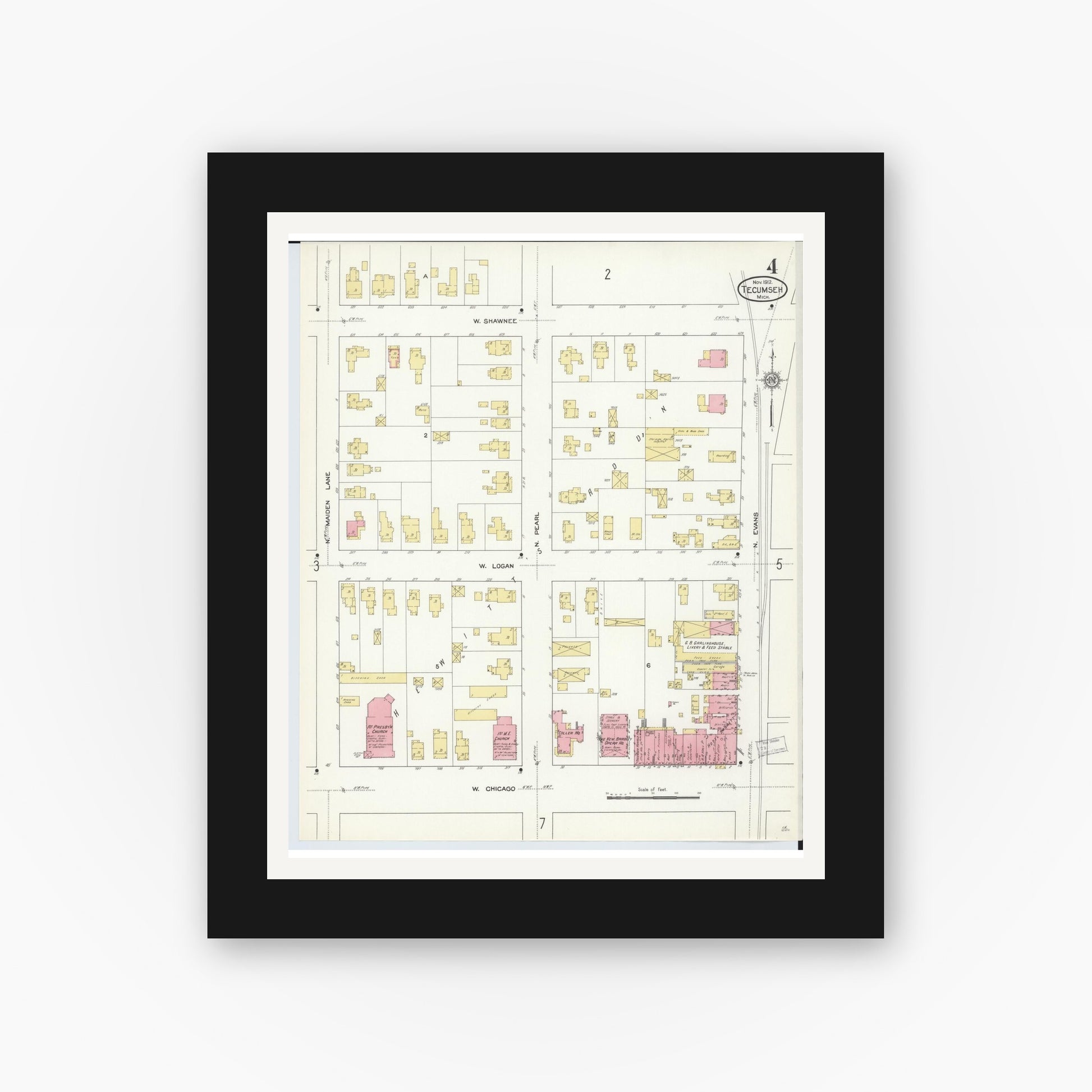 Old map wall art mockup — black gallery frame with white mat — Sanborn Fire Insurance Map from Tecumseh, Lenawee County, Michigan (1912), Sheet #0004