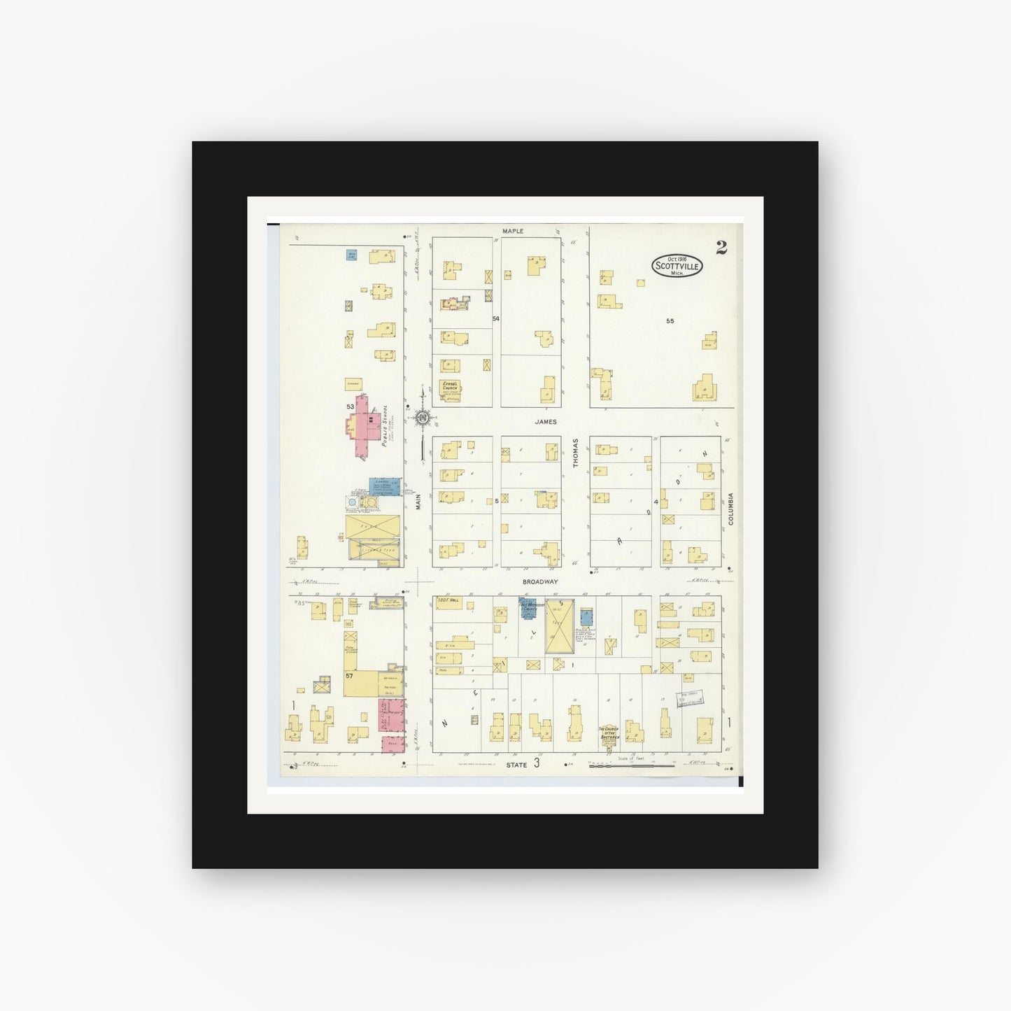 Old map wall art mockup — black gallery frame with white mat — Sanborn Fire Insurance Map from Scottville, Mason County, Michigan (1916), Sheet #0002