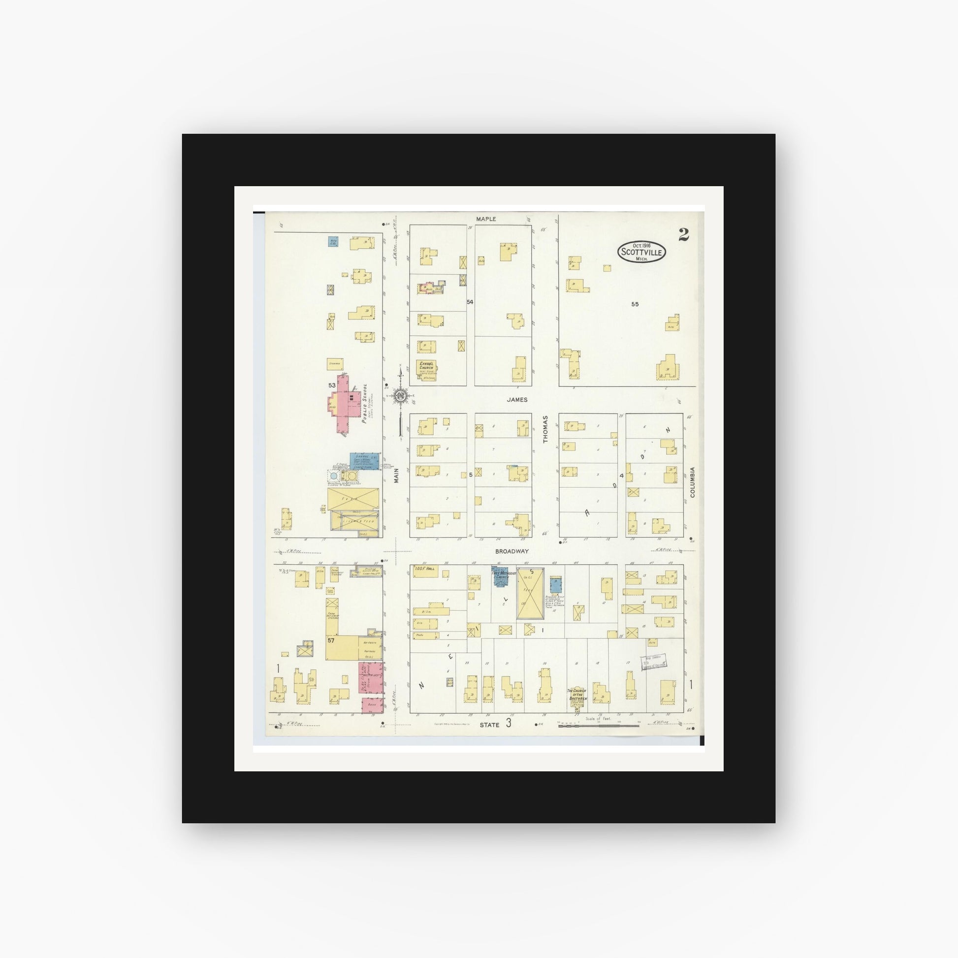 Old map wall art mockup — black gallery frame with white mat — Sanborn Fire Insurance Map from Scottville, Mason County, Michigan (1916), Sheet #0002
