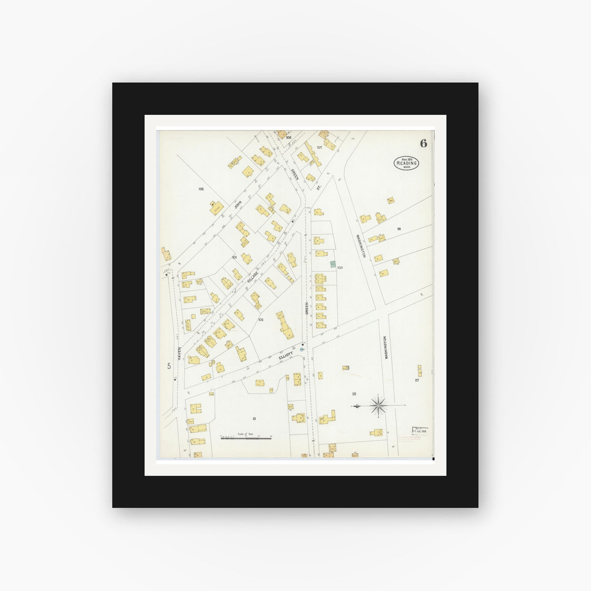 Old map wall art mockup — black gallery frame with white mat — Sanborn Fire Insurance Map from Reading, Middlesex County, Massachusetts (1903), Sheet #0006