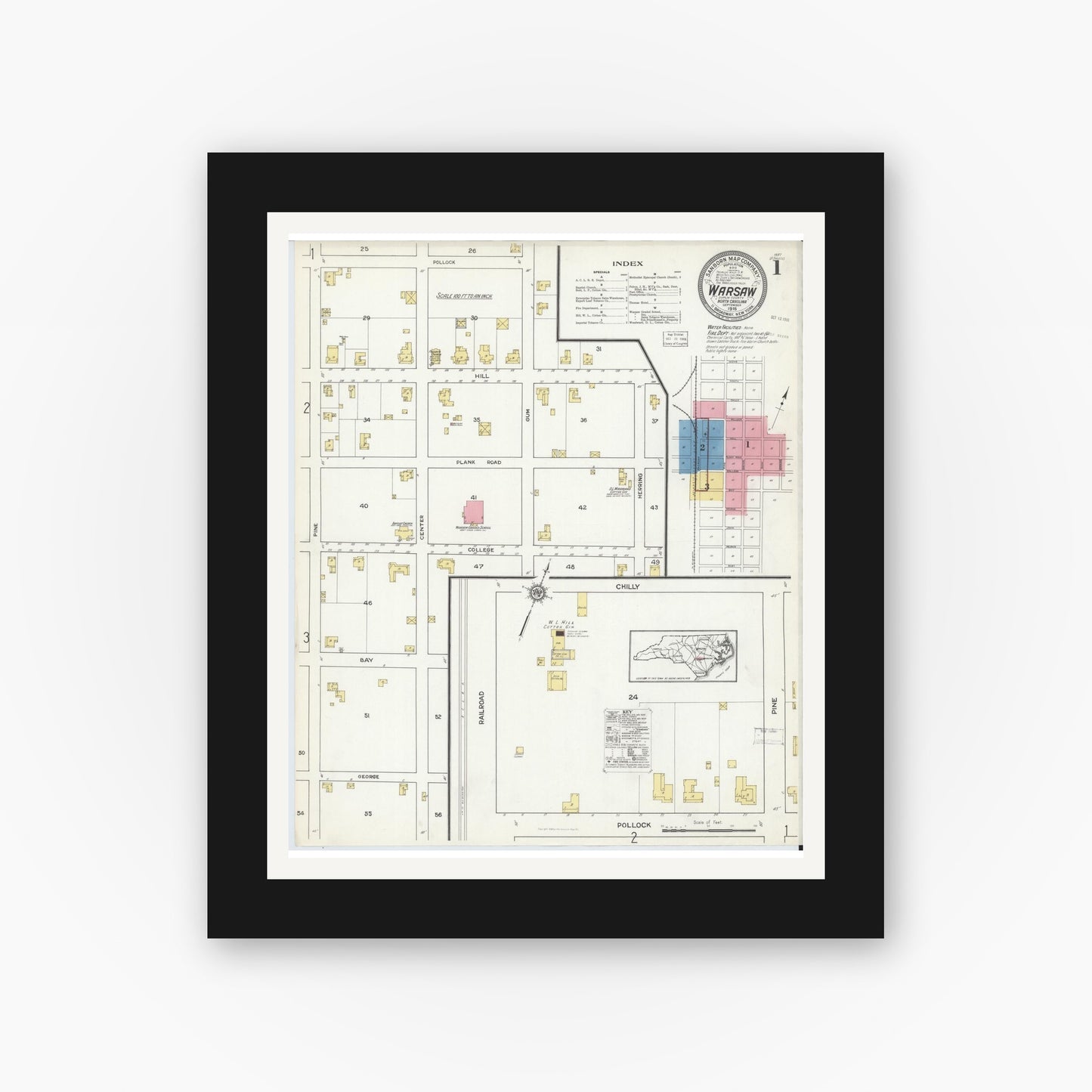 Old map wall art mockup — black gallery frame with white mat — Sanborn Fire Insurance Map from Warsaw, Duplin County, North Carolina (1916) - Complete Map Set
