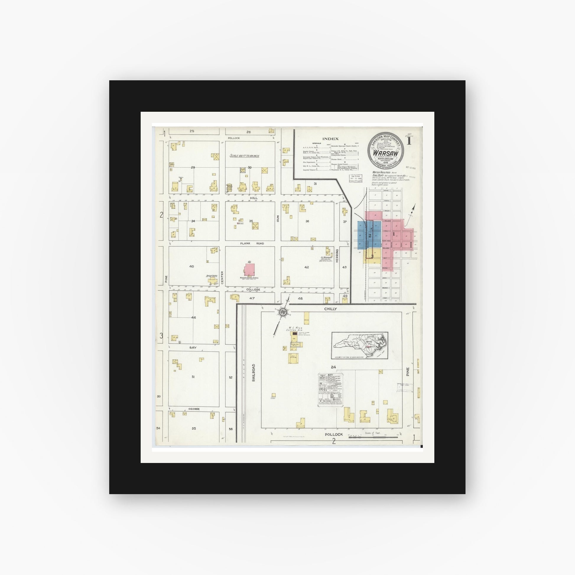 Old map wall art mockup — black gallery frame with white mat — Sanborn Fire Insurance Map from Warsaw, Duplin County, North Carolina (1916) - Complete Map Set