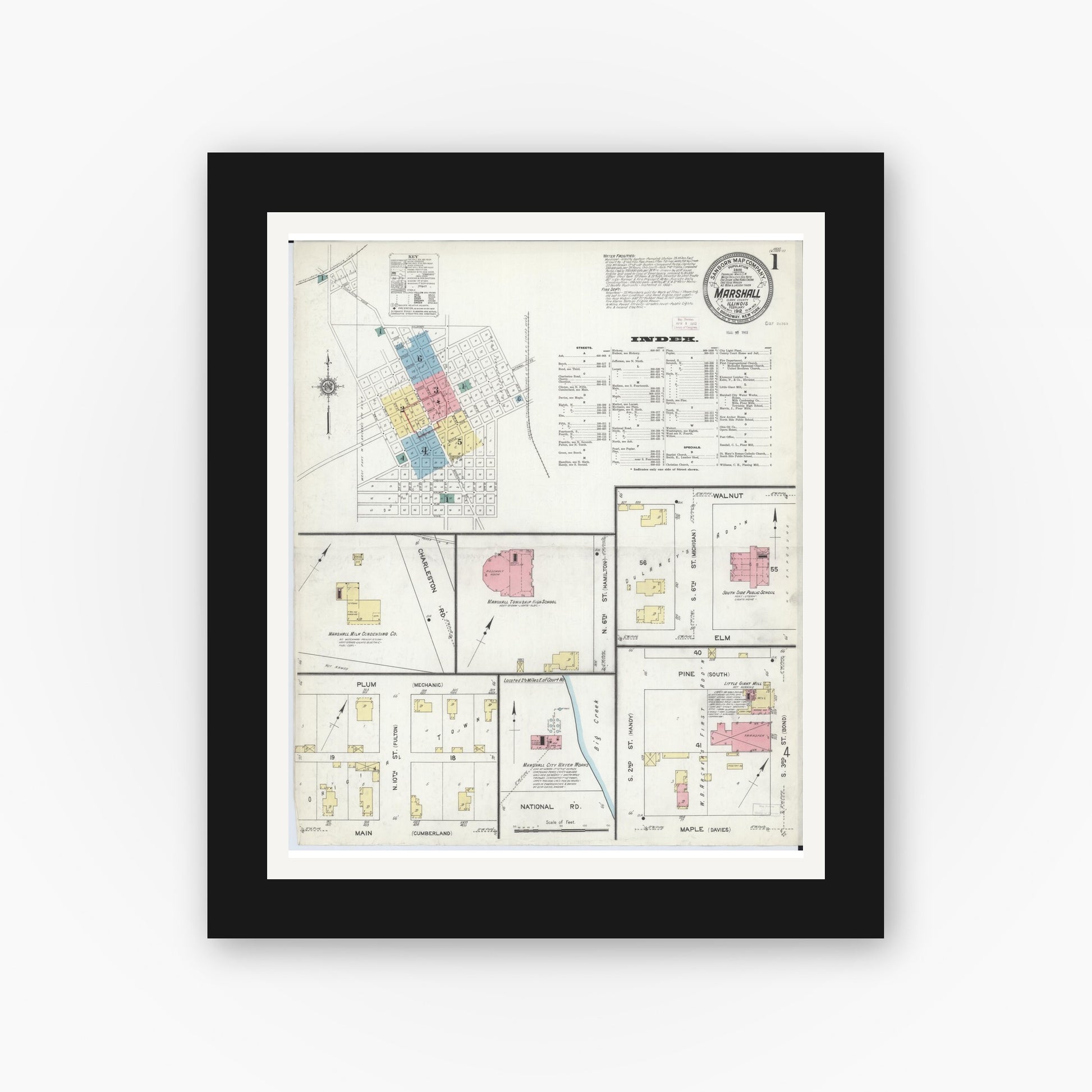 Old map wall art mockup — black gallery frame with white mat — Sanborn Fire Insurance Map from Marshall, Clark County, Illinois (1912), Sheet #0001