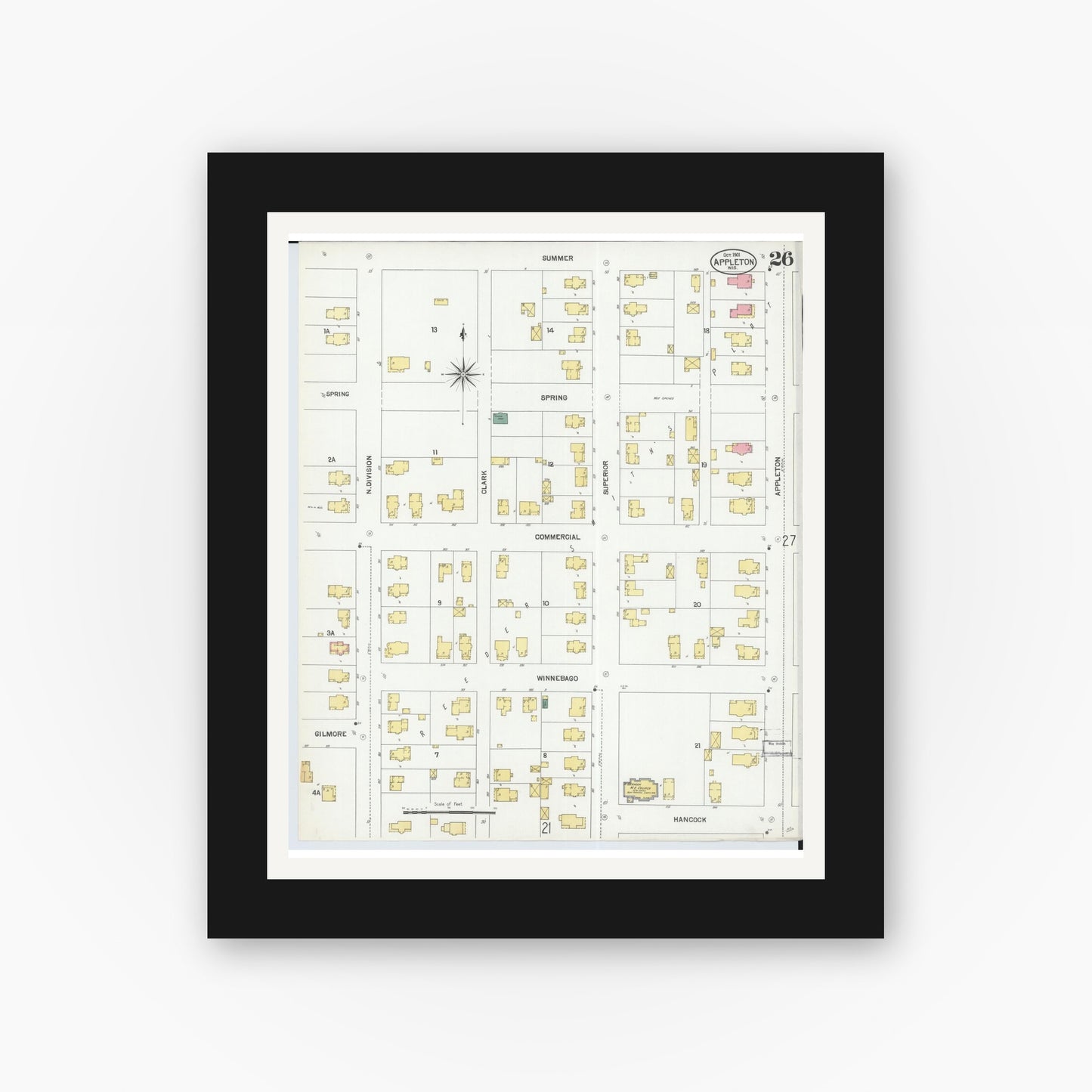 Old map wall art mockup — black gallery frame with white mat — Sanborn Fire Insurance Map from Appleton, Outagamie County, Wisconsin (1901), Sheet #0026