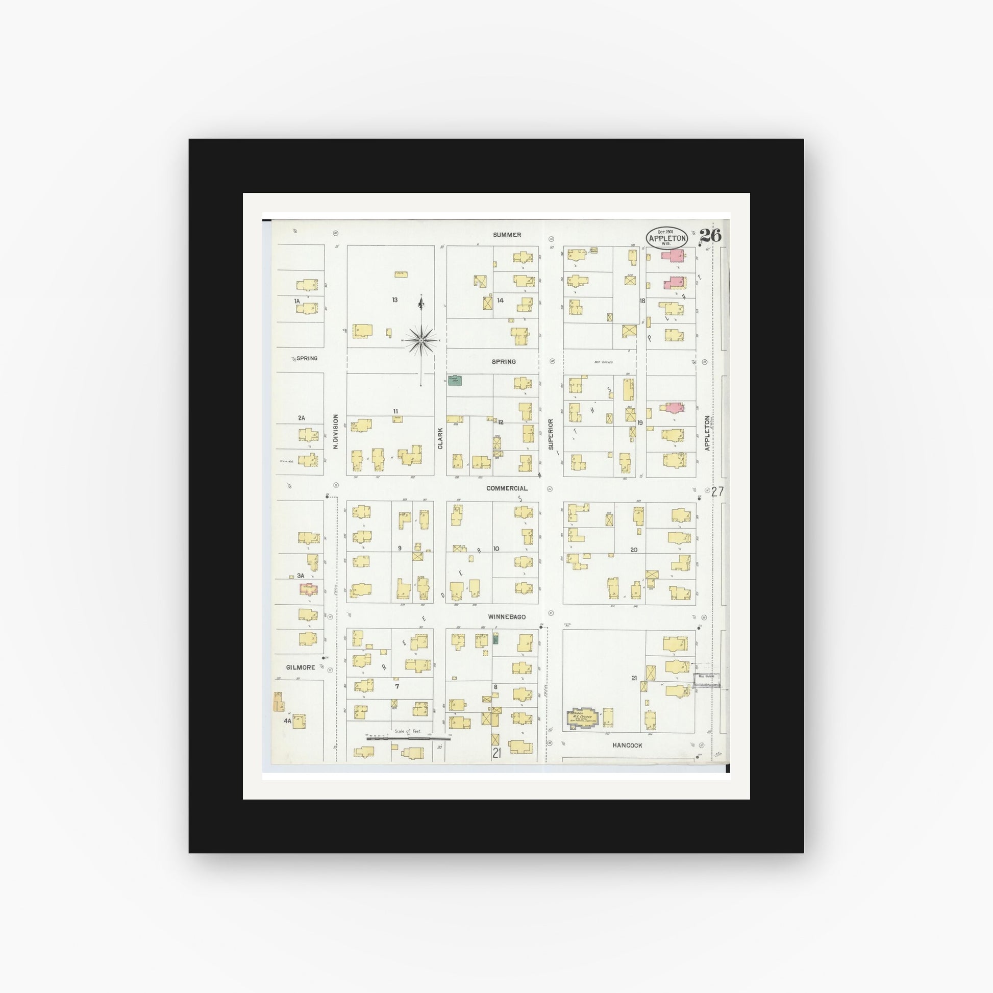 Old map wall art mockup — black gallery frame with white mat — Sanborn Fire Insurance Map from Appleton, Outagamie County, Wisconsin (1901), Sheet #0026