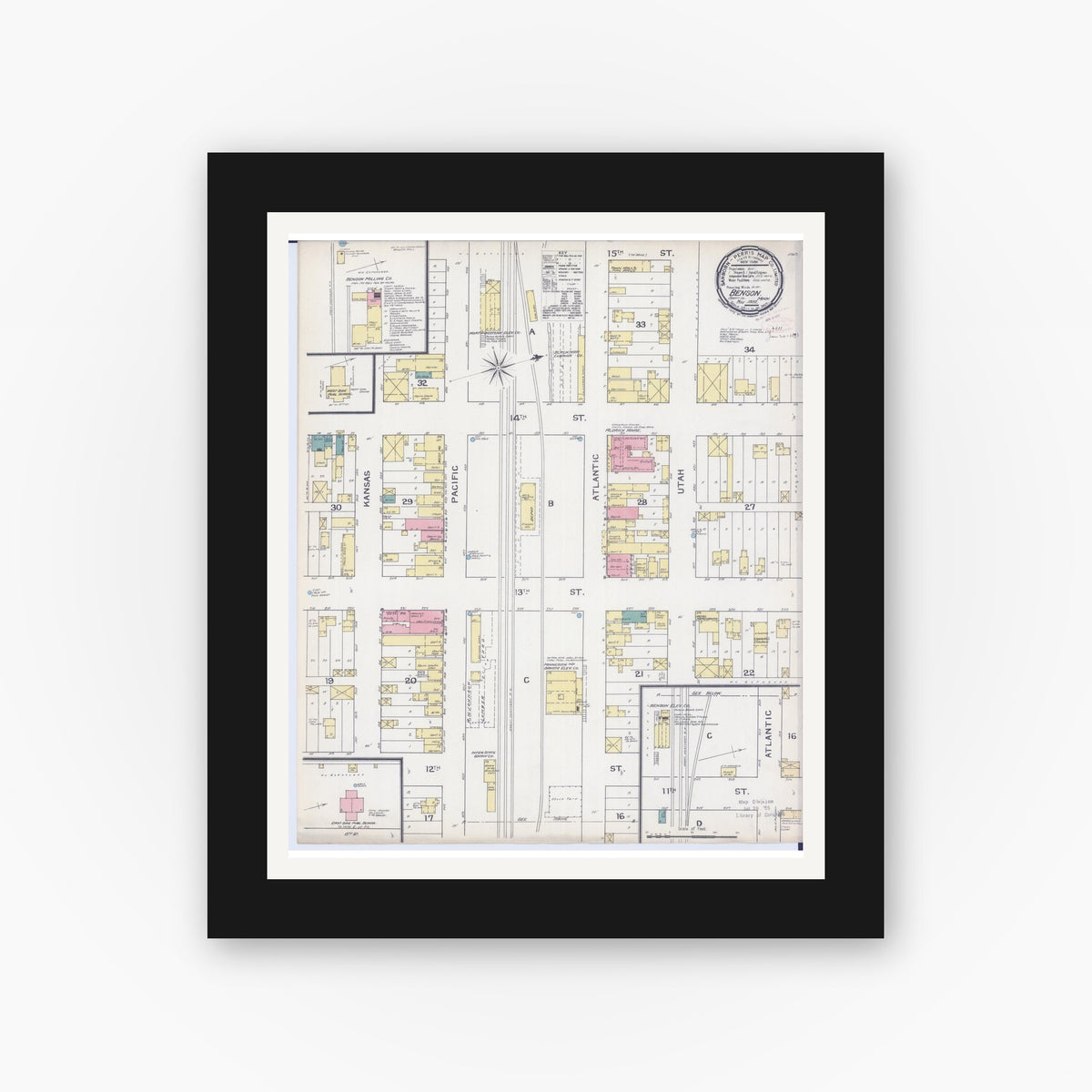 Old map wall art mockup — black gallery frame with white mat — Sanborn Fire Insurance Map from Benson, Swift County, Minnesota (1892), Sheet #0001