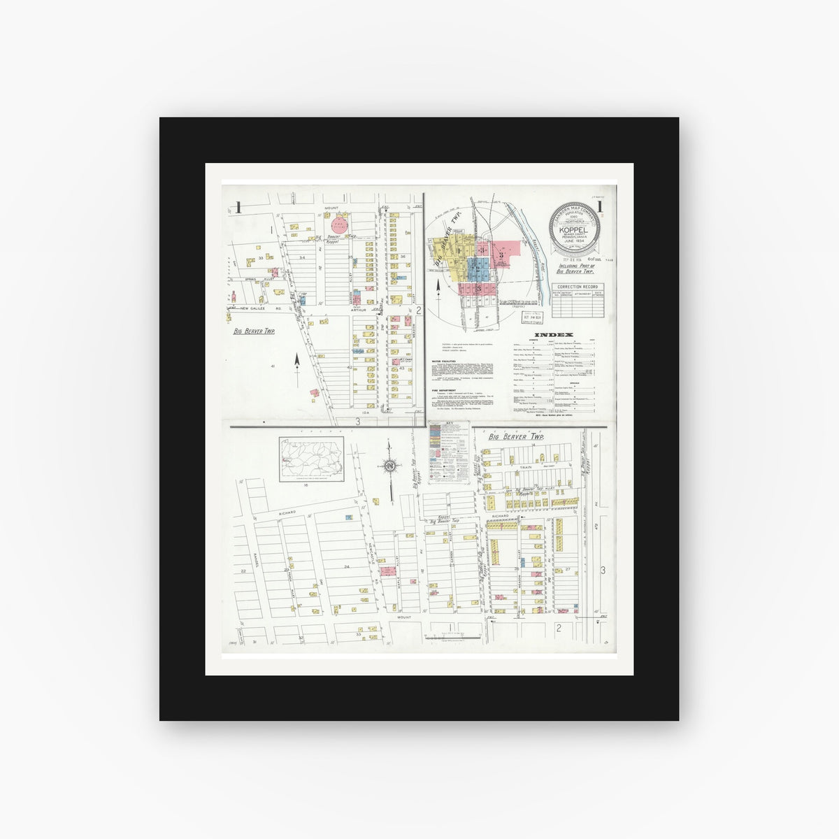 Old map wall art mockup — black gallery frame with white mat — Sanborn Fire Insurance Map from Koppel, Beaver County, Pennsylvania (1934), Sheet #0001