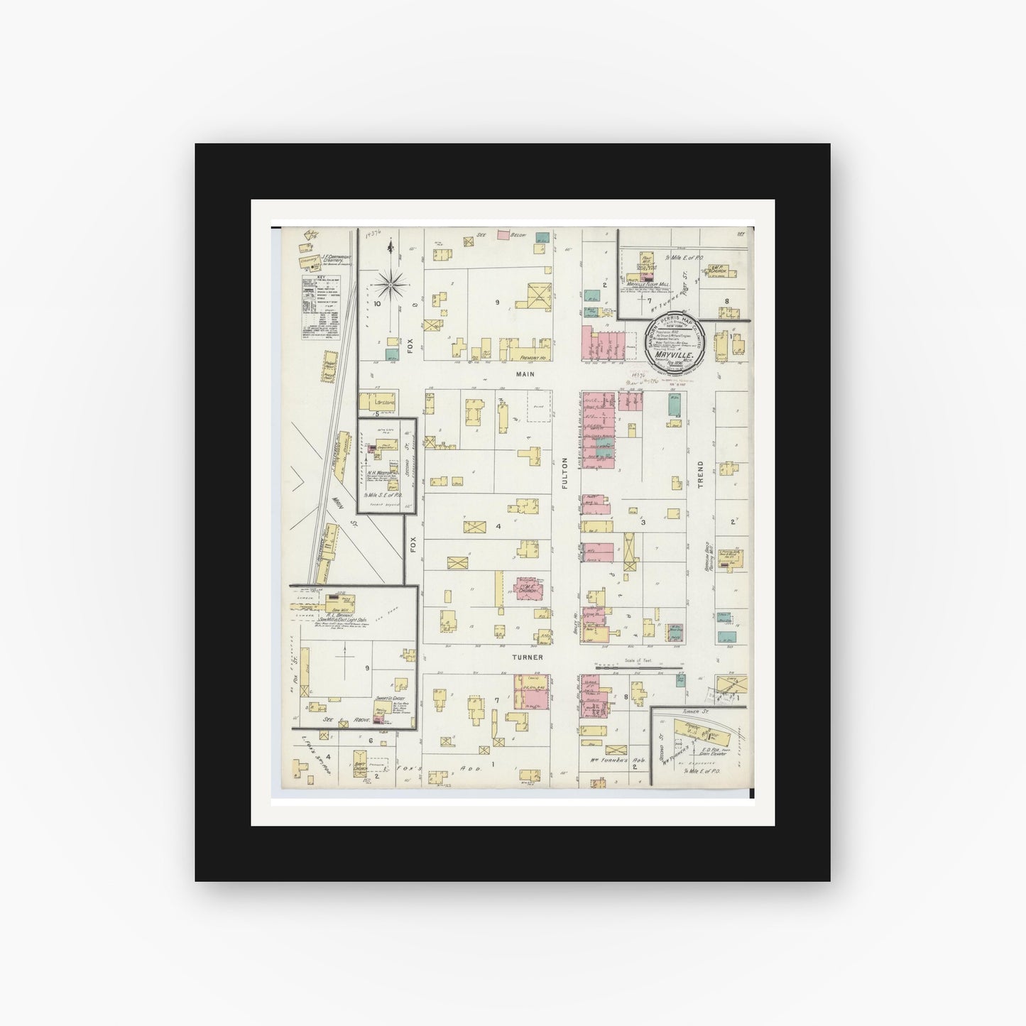 Old map wall art mockup — black gallery frame with white mat — Sanborn Fire Insurance Map from Mayville, Tuscola County, Michigan (1896), Sheet #0001