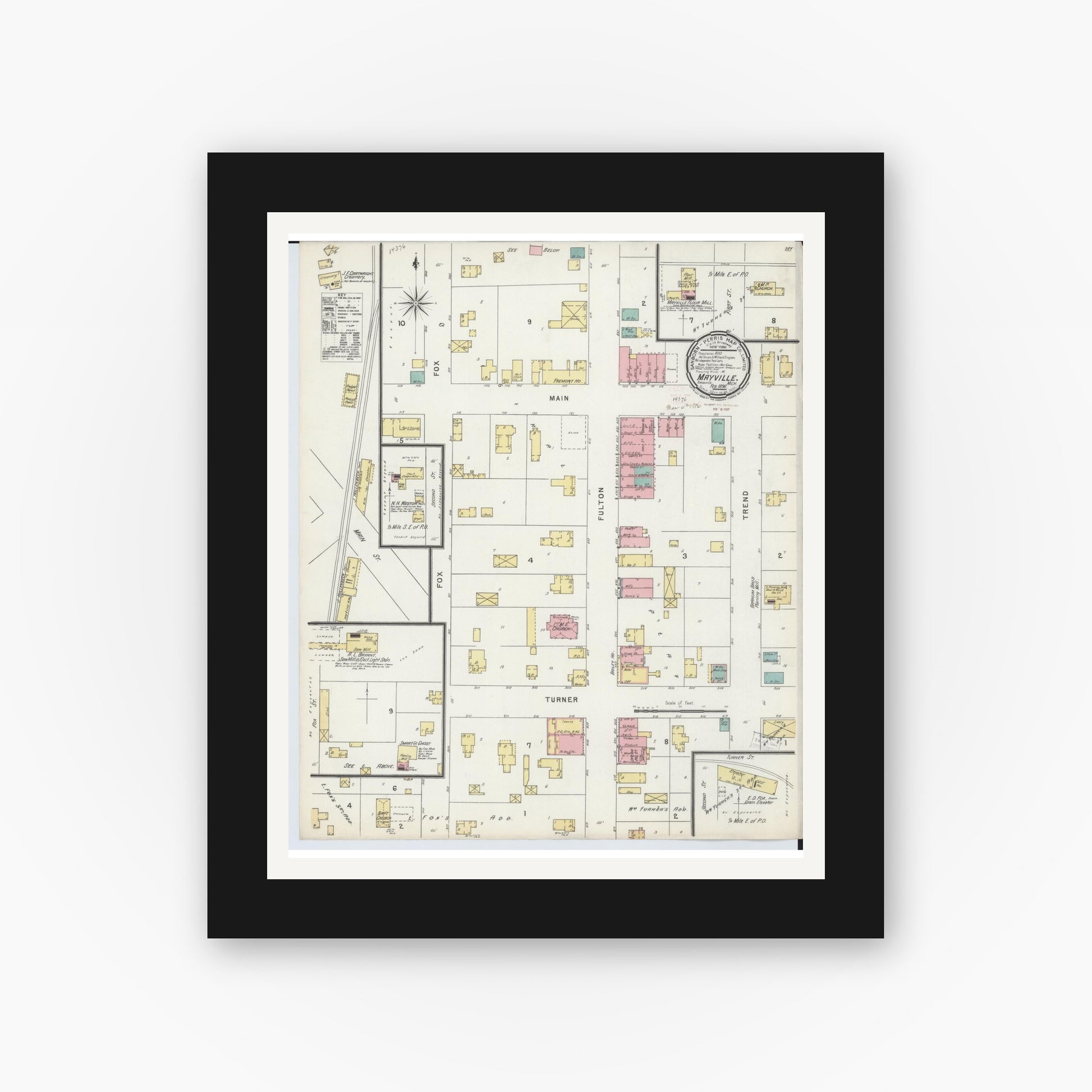 Old map wall art mockup — black gallery frame with white mat — Sanborn Fire Insurance Map from Mayville, Tuscola County, Michigan (1896), Sheet #0001