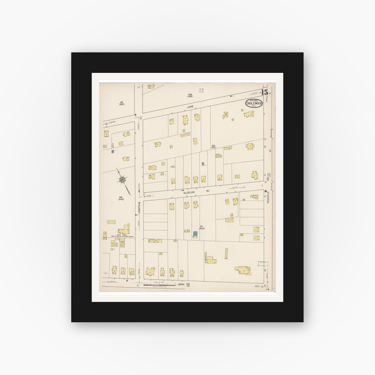 Old map wall art mockup — black gallery frame with white mat — Sanborn Fire Insurance Map from Englewood, Bergen County, New Jersey (1922), Sheet #0015