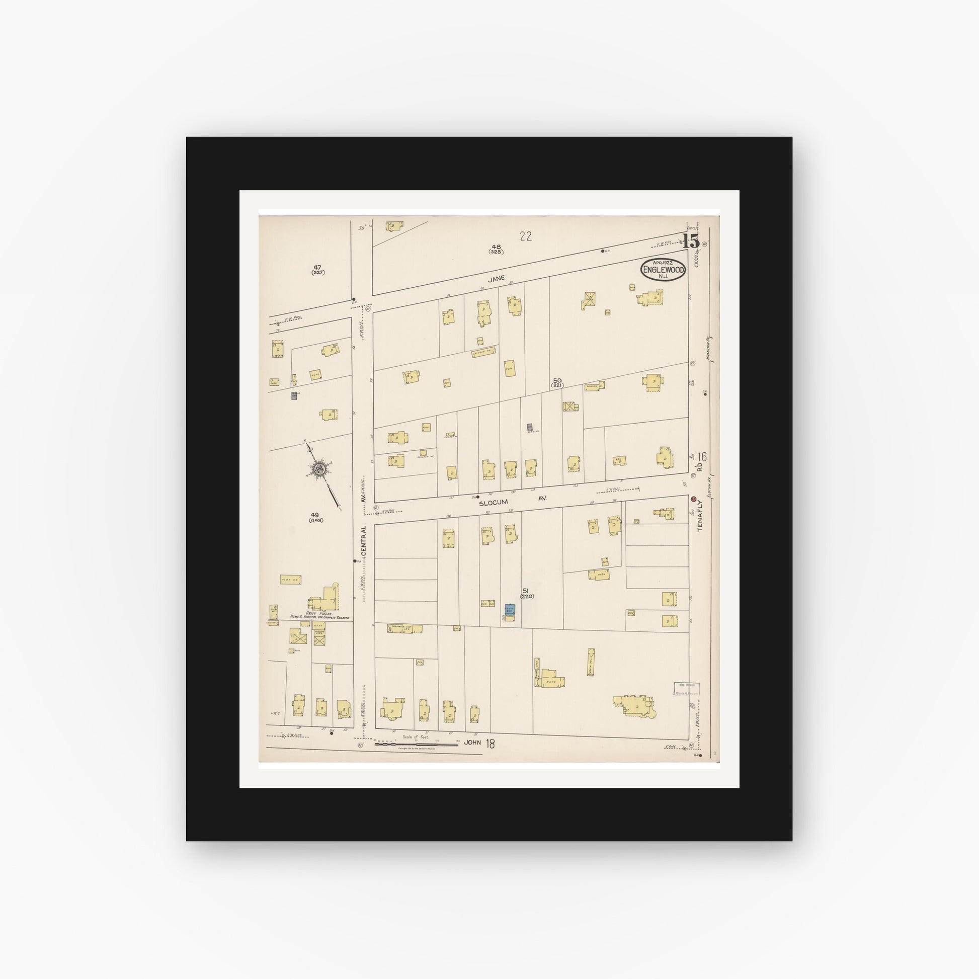Old map wall art mockup — black gallery frame with white mat — Sanborn Fire Insurance Map from Englewood, Bergen County, New Jersey (1922), Sheet #0015