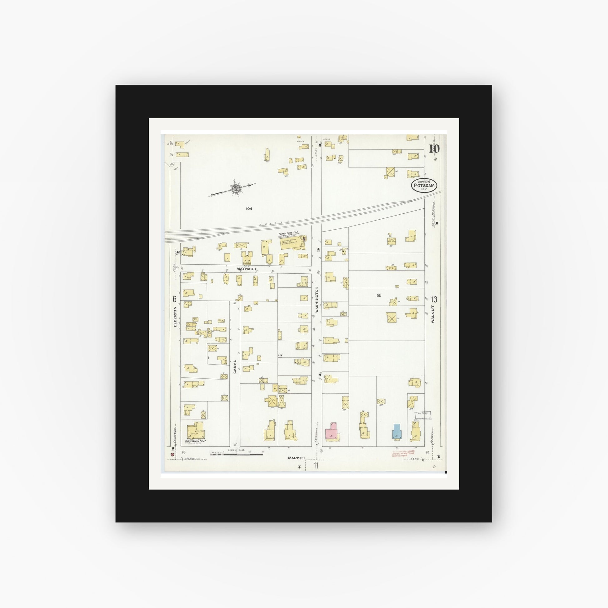 Old map wall art mockup — black gallery frame with white mat — Sanborn Fire Insurance Map from Potsdam, St. Lawrence County, New York (1910), Sheet #0010