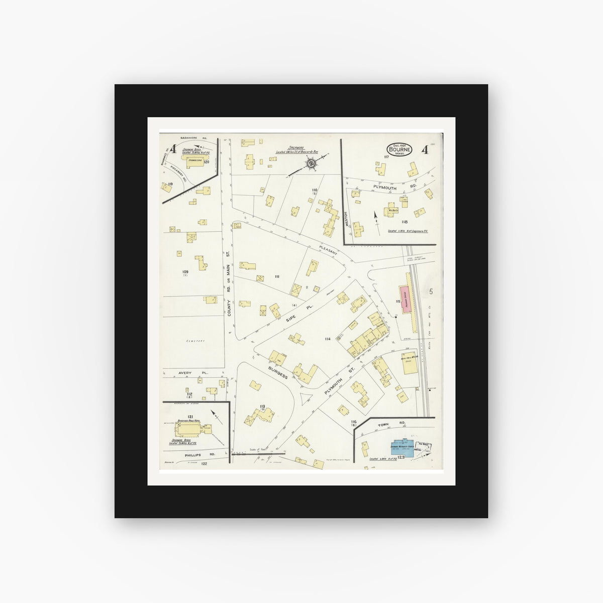 Old map wall art mockup — black gallery frame with white mat — Sanborn Fire Insurance Map from Bourne, Barnstable County, Massachusetts (1924), Sheet #0004