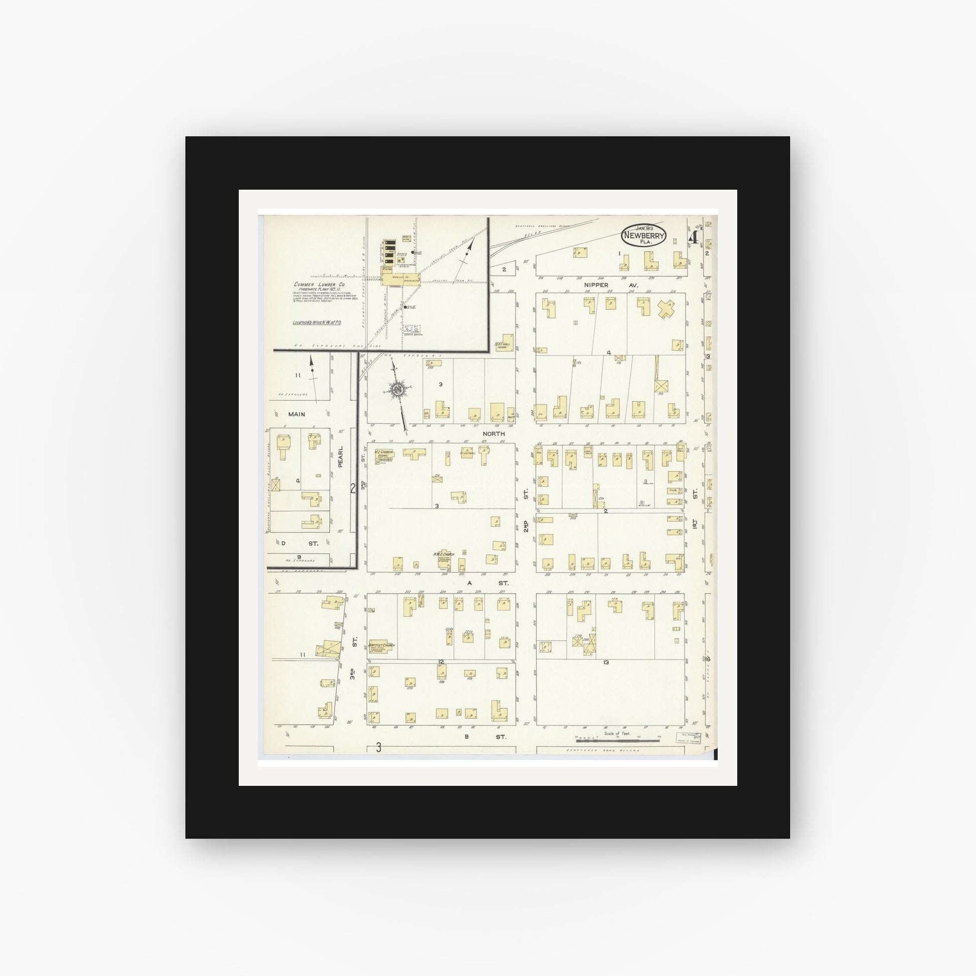 Old map wall art mockup — black gallery frame with white mat — Sanborn Fire Insurance Map from Newberry, Alachua County, Florida (1913), Sheet #0004