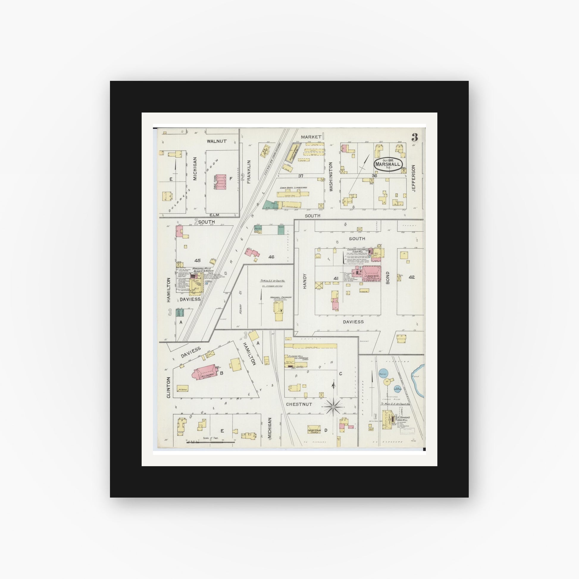Old map wall art mockup — black gallery frame with white mat — Sanborn Fire Insurance Map from Marshall, Clark County, Illinois (1892), Sheet #0003