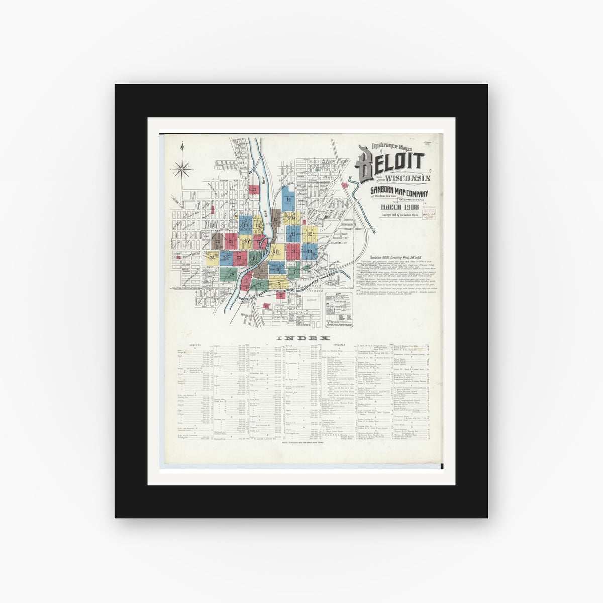 Old map wall art mockup — black gallery frame with white mat — Sanborn Fire Insurance Map from Beloit, Rock County, Wisconsin (1908), Sheet #0001