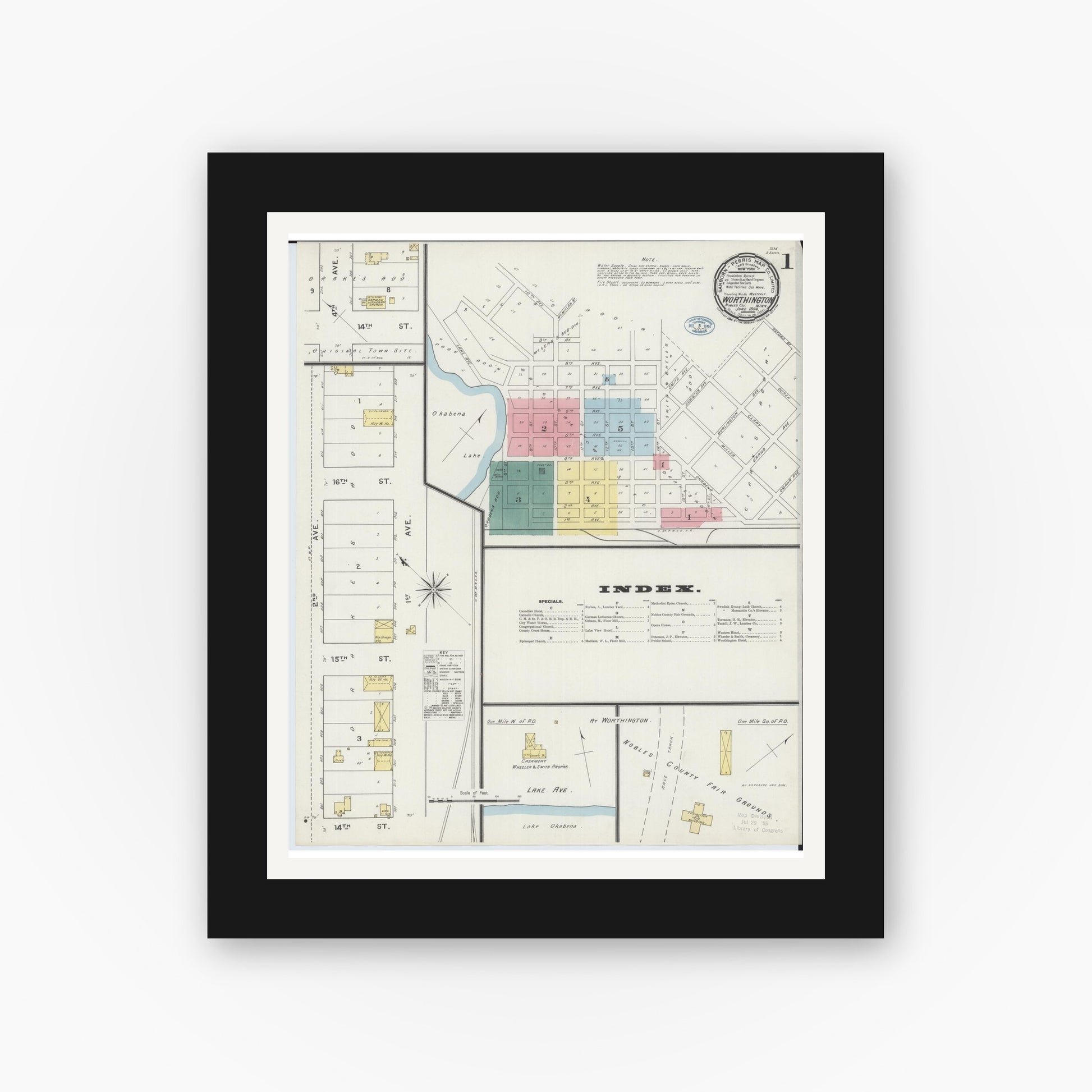 Old map wall art mockup — black gallery frame with white mat — Sanborn Fire Insurance Map from Worthington, Nobles County, Minnesota (1894), Sheet #0001