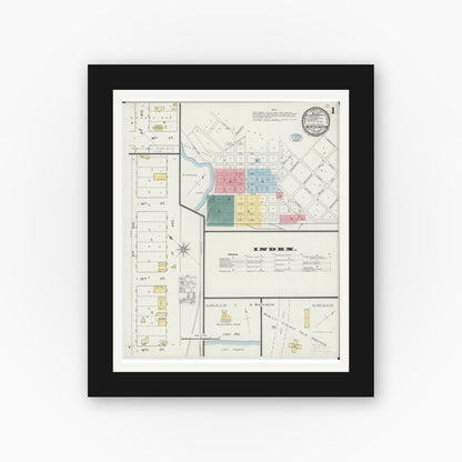 Old map wall art mockup — black gallery frame with white mat — Sanborn Fire Insurance Map from Worthington, Nobles County, Minnesota (1894), Sheet #0001