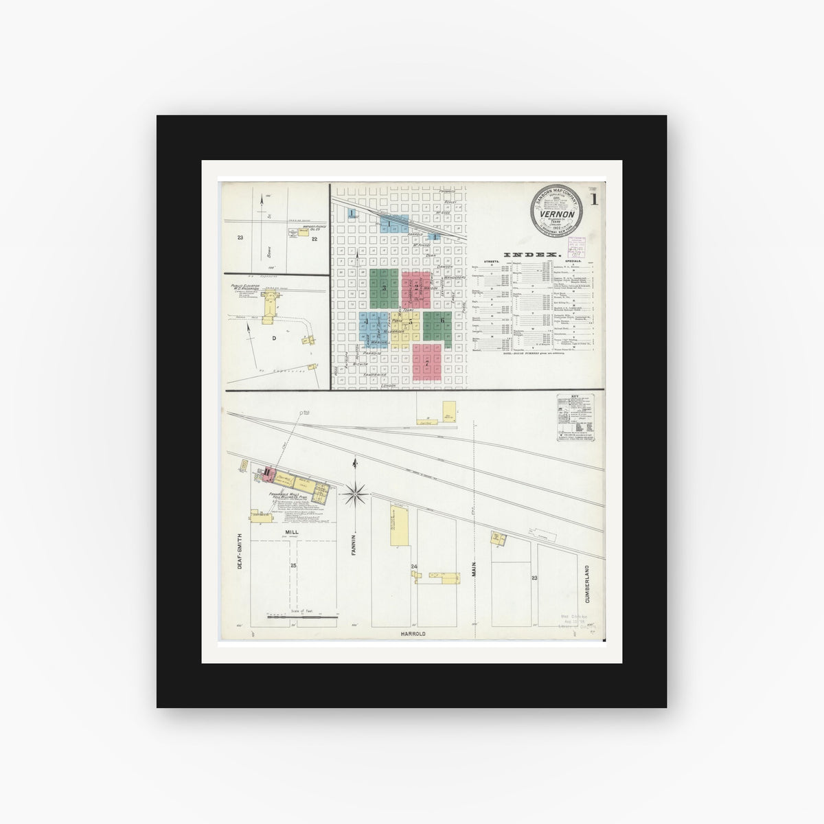 Old map wall art mockup — black gallery frame with white mat — Sanborn Fire Insurance Map from Vernon, Wilbarger County, Texas (1902) - Complete Map Set