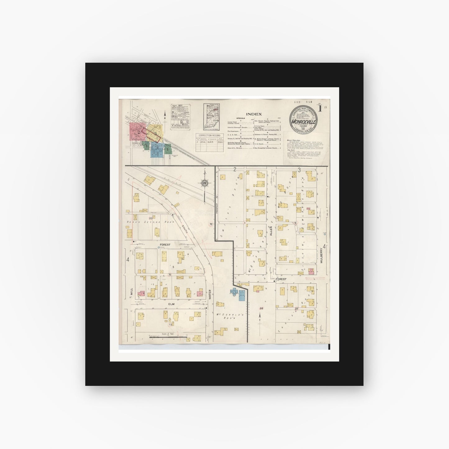 Old map wall art mockup — black gallery frame with white mat — Sanborn Fire Insurance Map from Monroeville, Allen County, Indiana (1932) - Complete Map Set