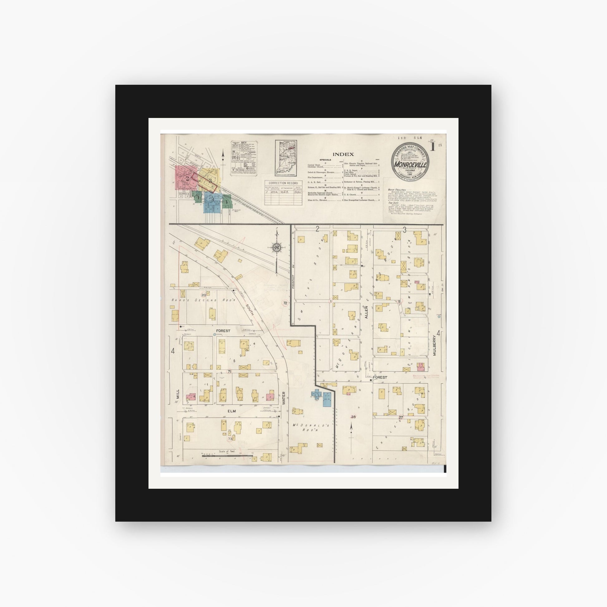 Old map wall art mockup — black gallery frame with white mat — Sanborn Fire Insurance Map from Monroeville, Allen County, Indiana (1932) - Complete Map Set