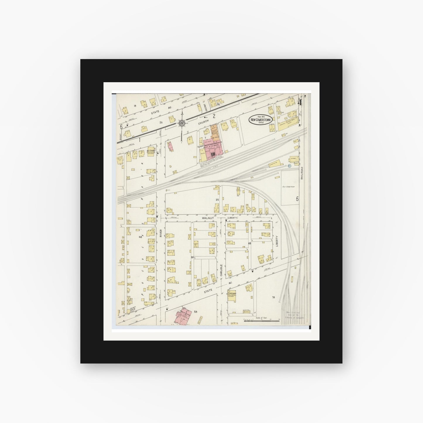 Old map wall art mockup — black gallery frame with white mat — Sanborn Fire Insurance Map from Newcomerstown, Tuscarawas County, Ohio (1915), Sheet #0004