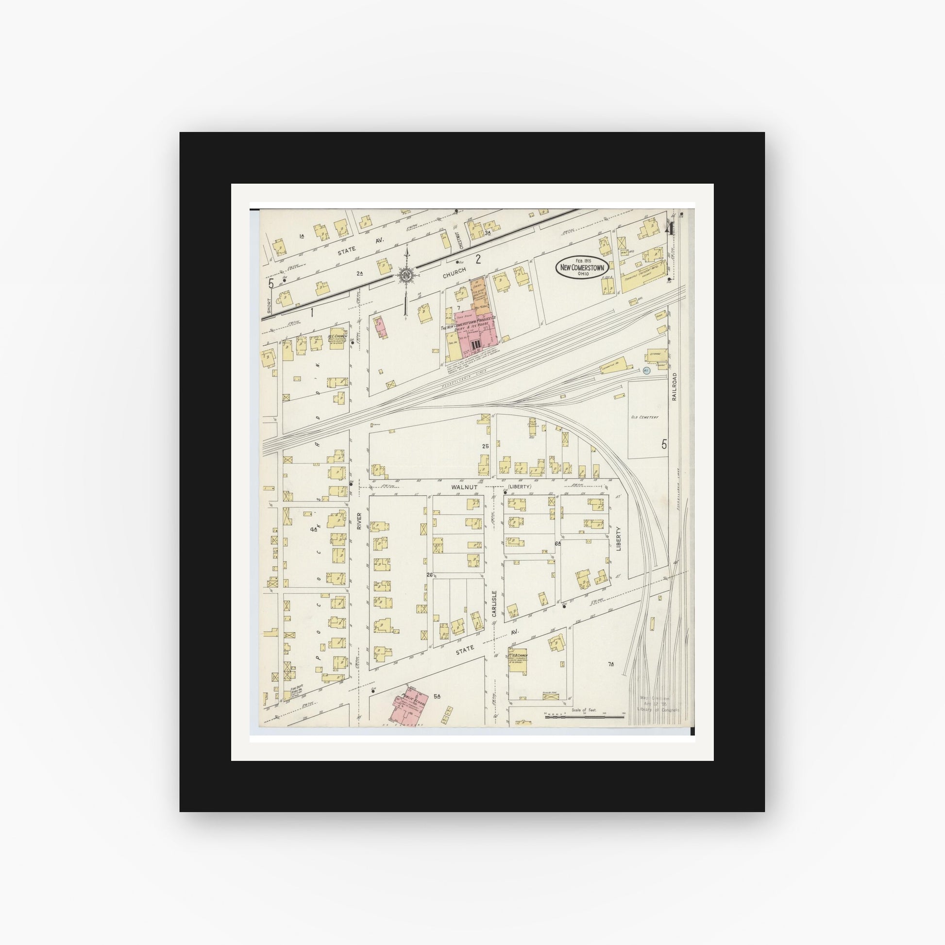 Old map wall art mockup — black gallery frame with white mat — Sanborn Fire Insurance Map from Newcomerstown, Tuscarawas County, Ohio (1915), Sheet #0004