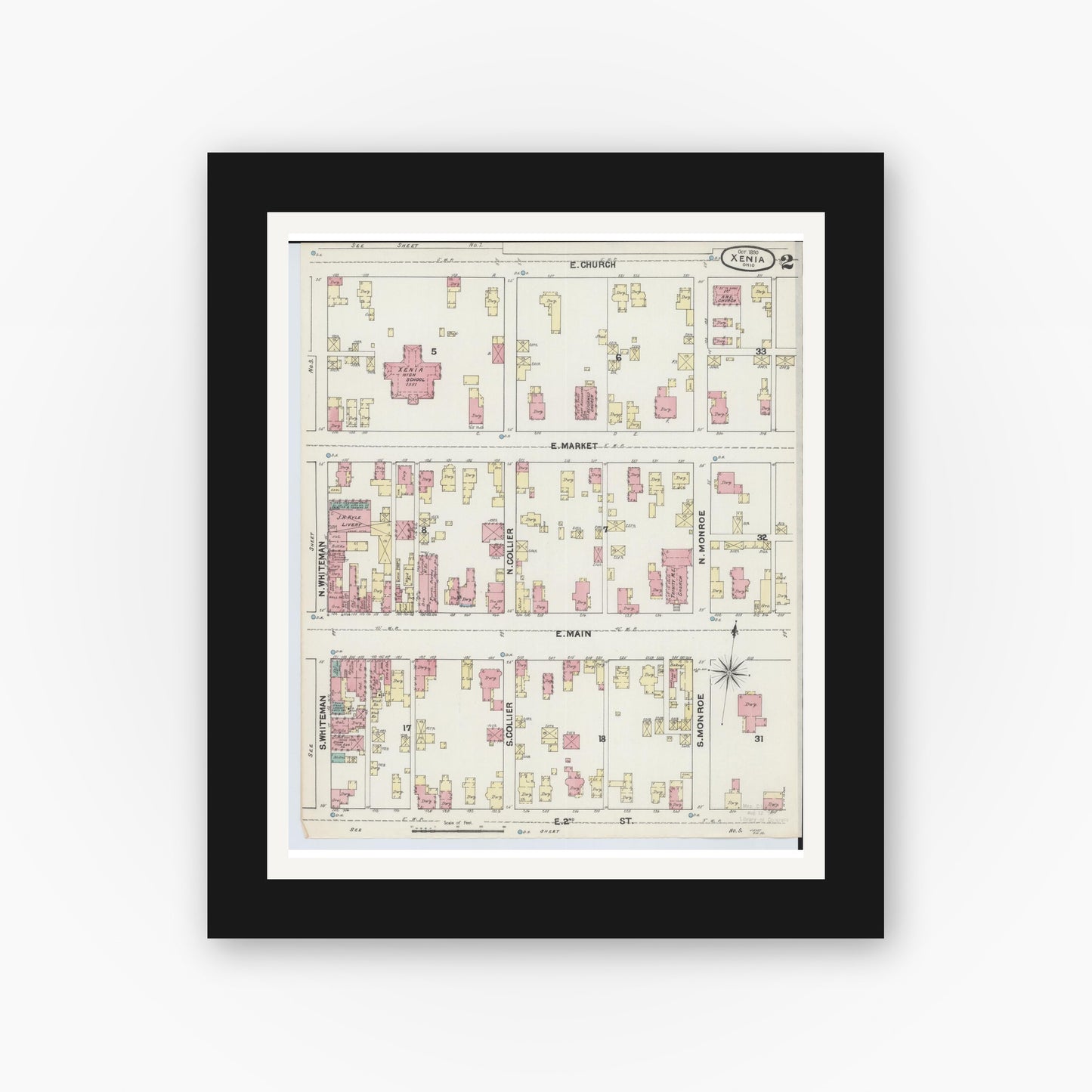 Old map wall art mockup — black gallery frame with white mat — Sanborn Fire Insurance Map from Xenia, Greene County, Ohio (1890), Sheet #0002