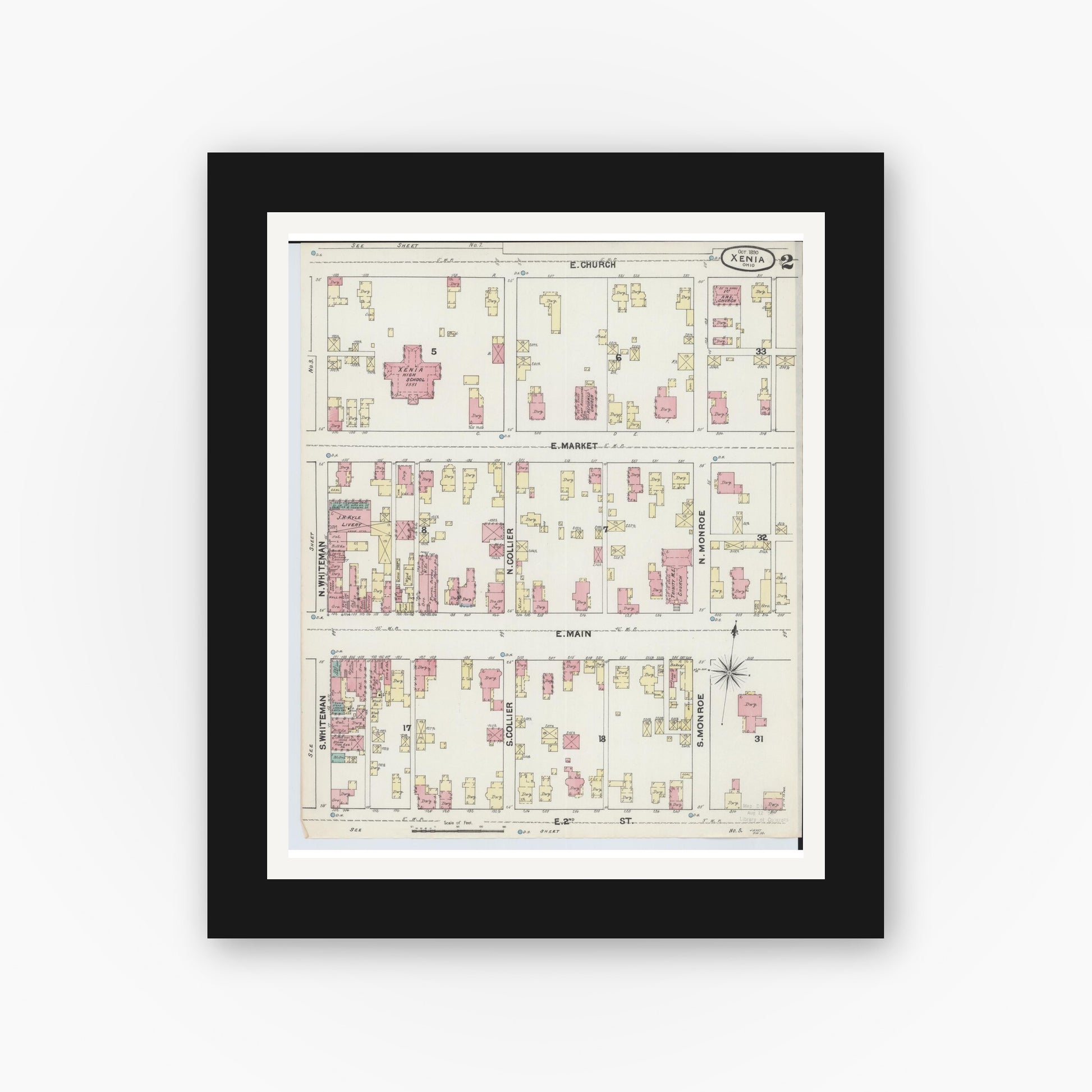 Old map wall art mockup — black gallery frame with white mat — Sanborn Fire Insurance Map from Xenia, Greene County, Ohio (1890), Sheet #0002