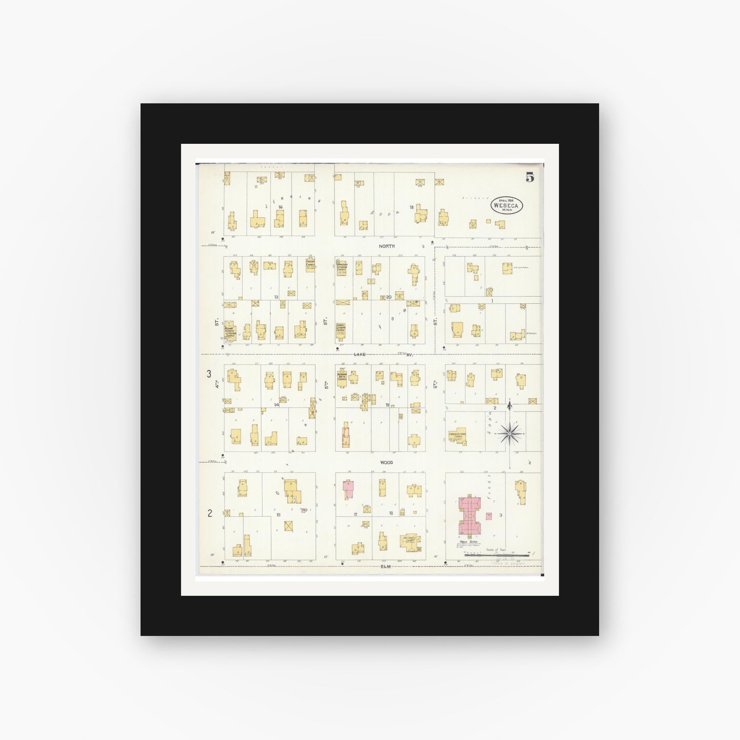 Old map wall art mockup — black gallery frame with white mat — Sanborn Fire Insurance Map from Waseca, Waseca County, Minnesota (1904), Sheet #0005