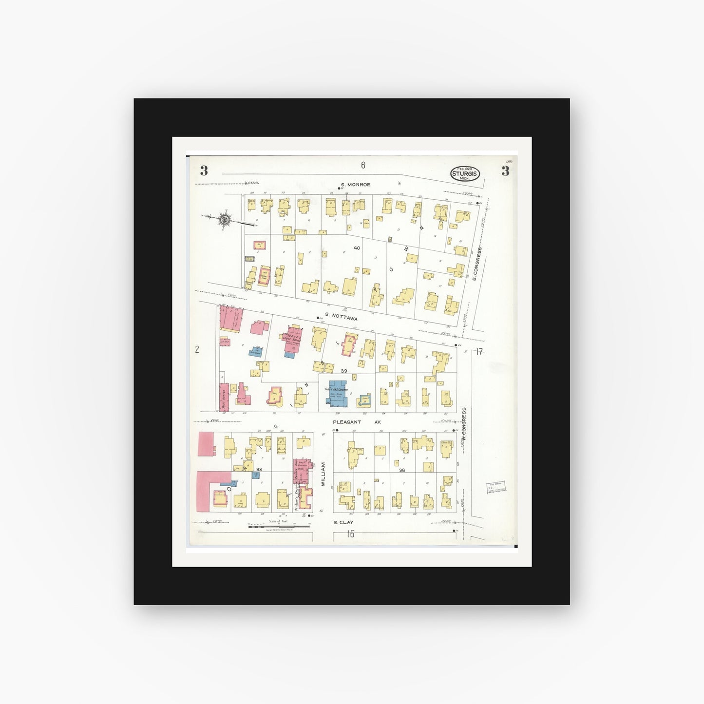 Old map wall art mockup — black gallery frame with white mat — Sanborn Fire Insurance Map from Sturgis, Saint Joseph County, Michigan (1923), Sheet #0003