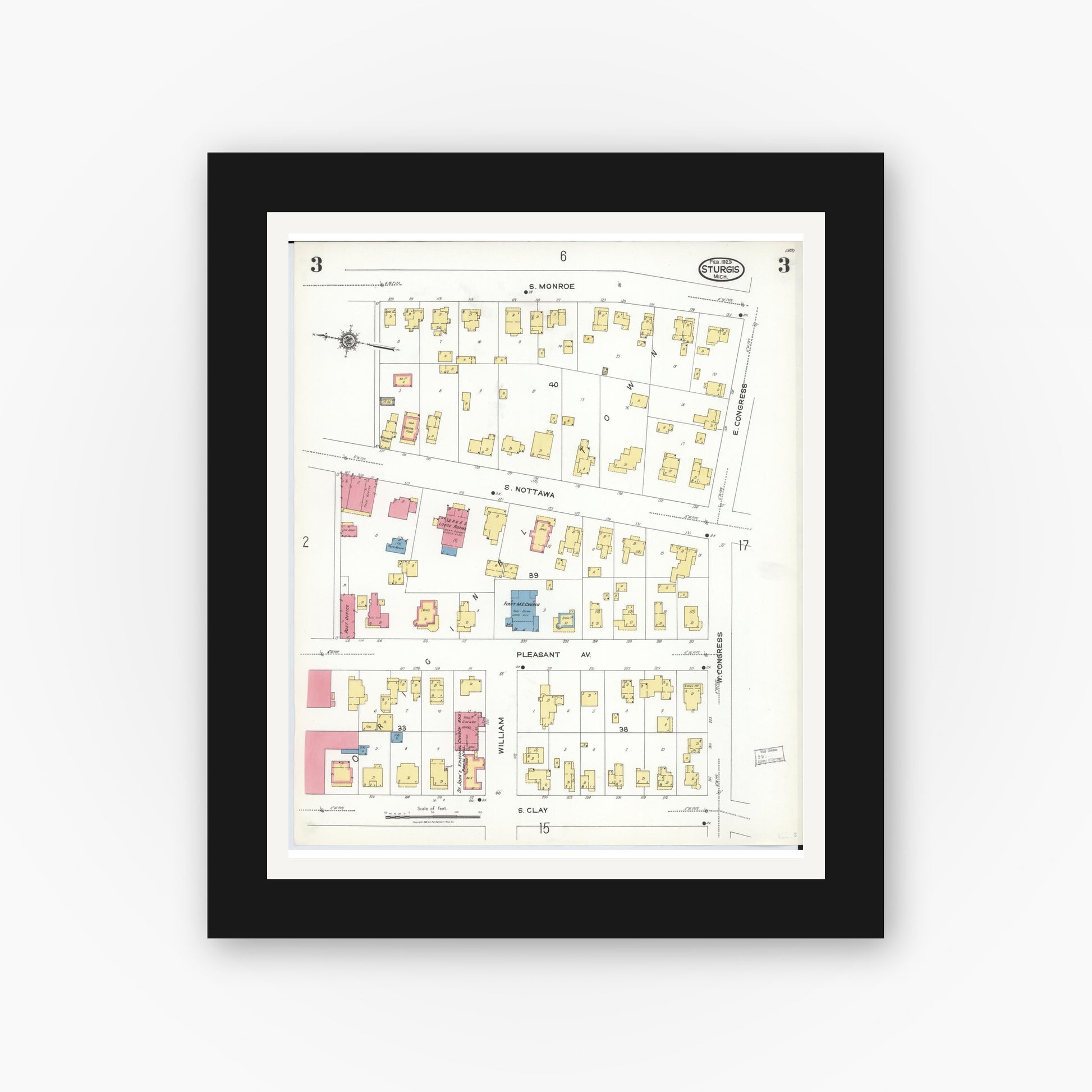Old map wall art mockup — black gallery frame with white mat — Sanborn Fire Insurance Map from Sturgis, Saint Joseph County, Michigan (1923), Sheet #0003