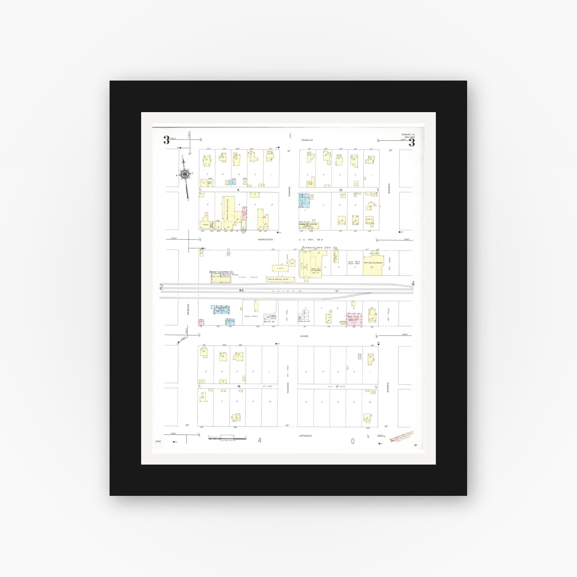 Old map wall art mockup — black gallery frame with white mat — Sanborn Fire Insurance Map from Durant, Cedar County, Iowa (1948), Sheet #0003
