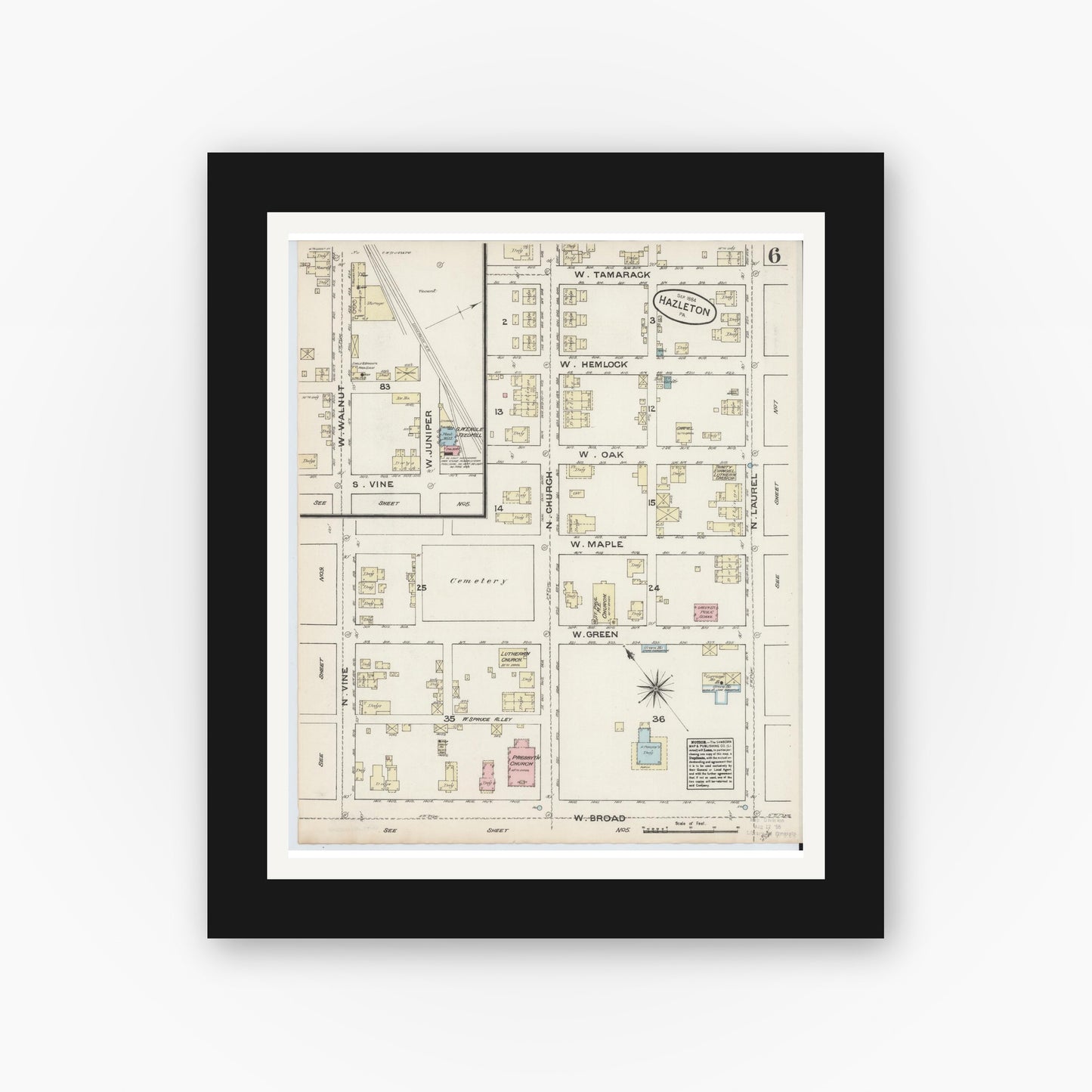 Old map wall art mockup — black gallery frame with white mat — Sanborn Fire Insurance Map from Hazleton, Luzerne County, Pennsylvania (1884), Sheet #0006