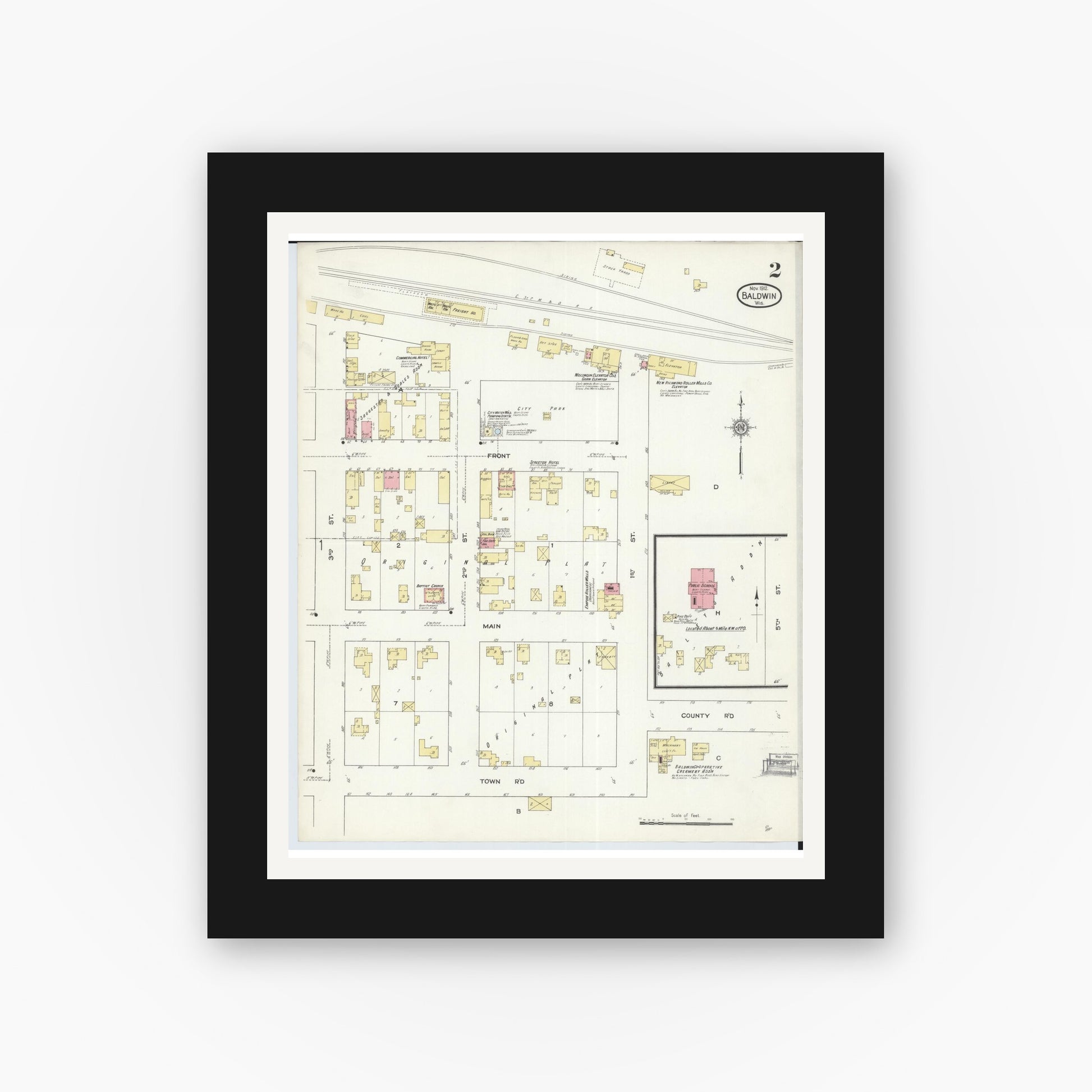 Old map wall art mockup — black gallery frame with white mat — Sanborn Fire Insurance Map from Baldwin, St. Croix County, Wisconsin (1912), Sheet #0002