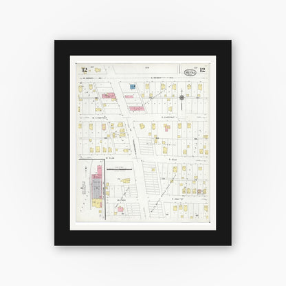 Old map wall art mockup — black gallery frame with white mat — Sanborn Fire Insurance Map from Wayne, Wayne County, Michigan (1926), Sheet #0012