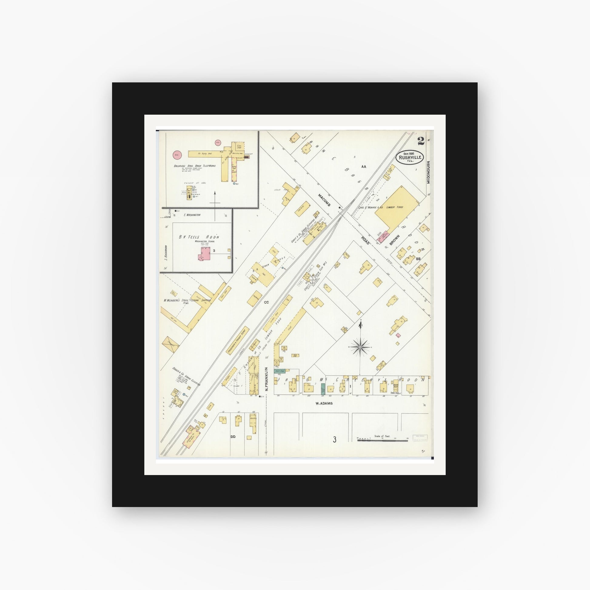 Old map wall art mockup — black gallery frame with white mat — Sanborn Fire Insurance Map from Rushville, Schuyler County, Illinois (1906), Sheet #0002
