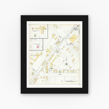 Old map wall art mockup — black gallery frame with white mat — Sanborn Fire Insurance Map from Rushville, Schuyler County, Illinois (1906), Sheet #0002