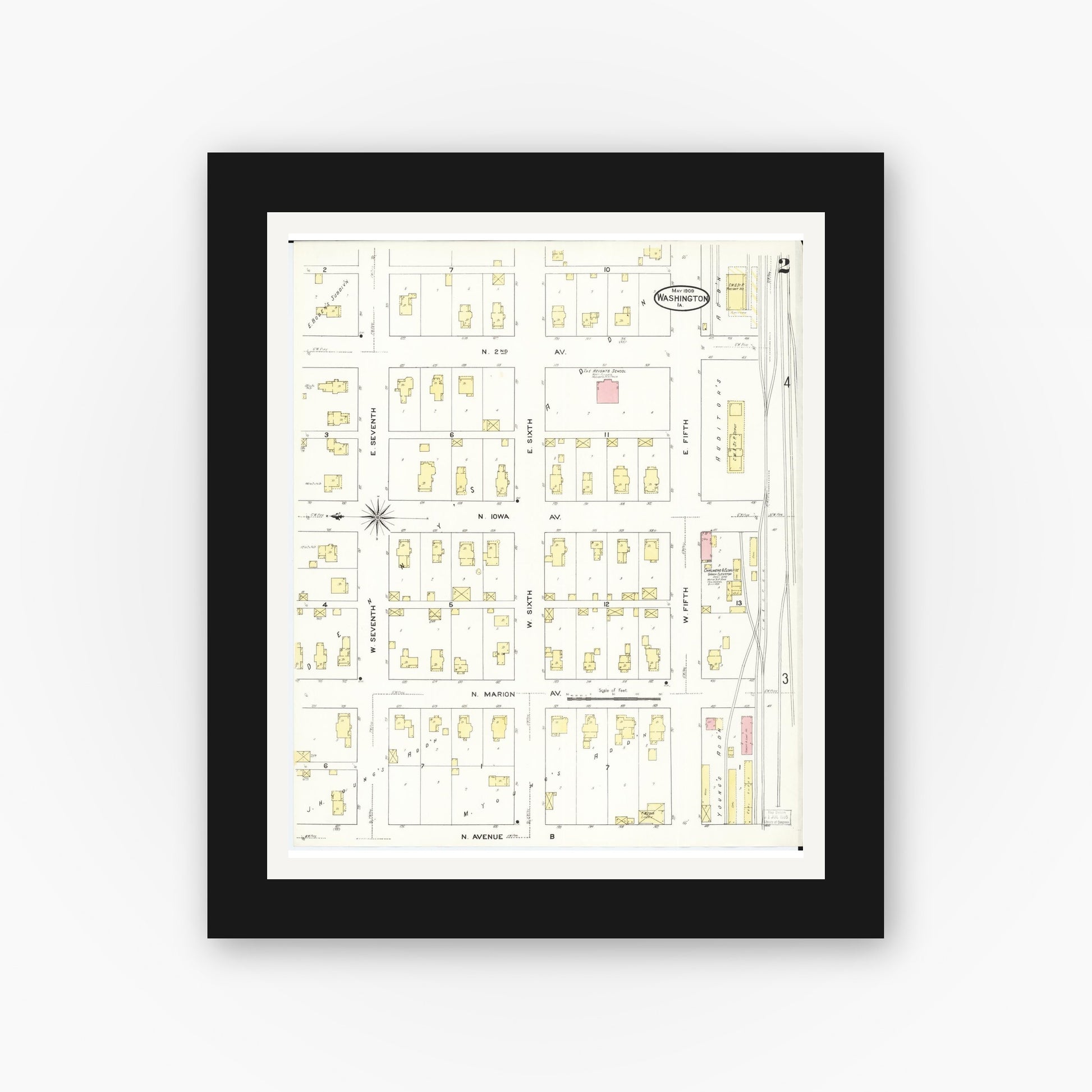Old map wall art mockup — black gallery frame with white mat — Sanborn Fire Insurance Map from Washington, Washington County, Iowa (1909), Sheet #0002