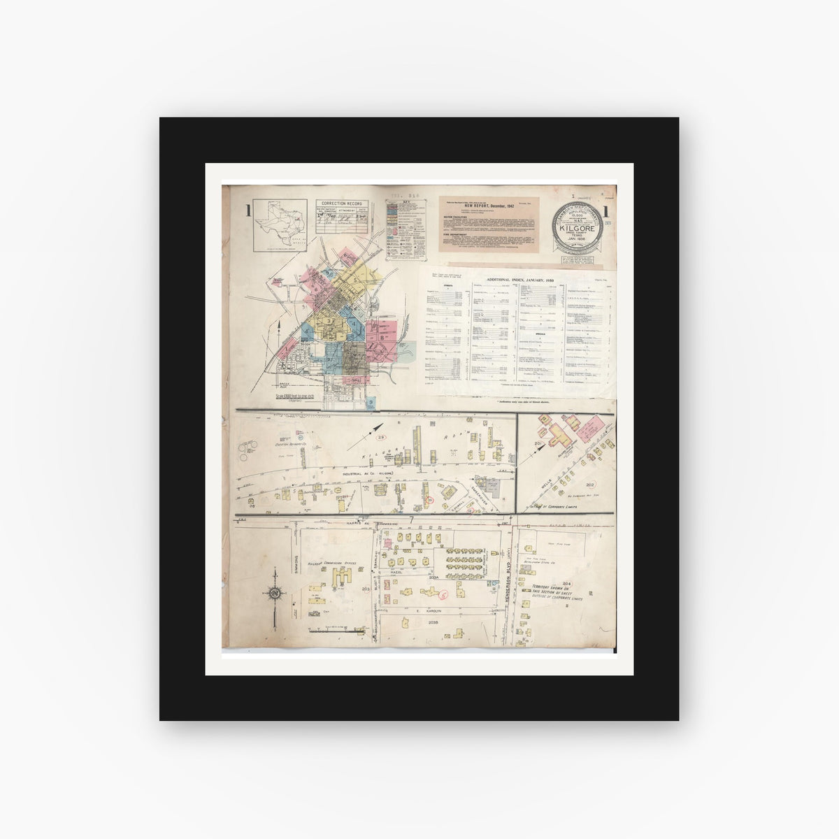 Old map wall art mockup — black gallery frame with white mat — Sanborn Fire Insurance Map from Kilgore, Gregg County, Texas (1950) - Complete Map Set