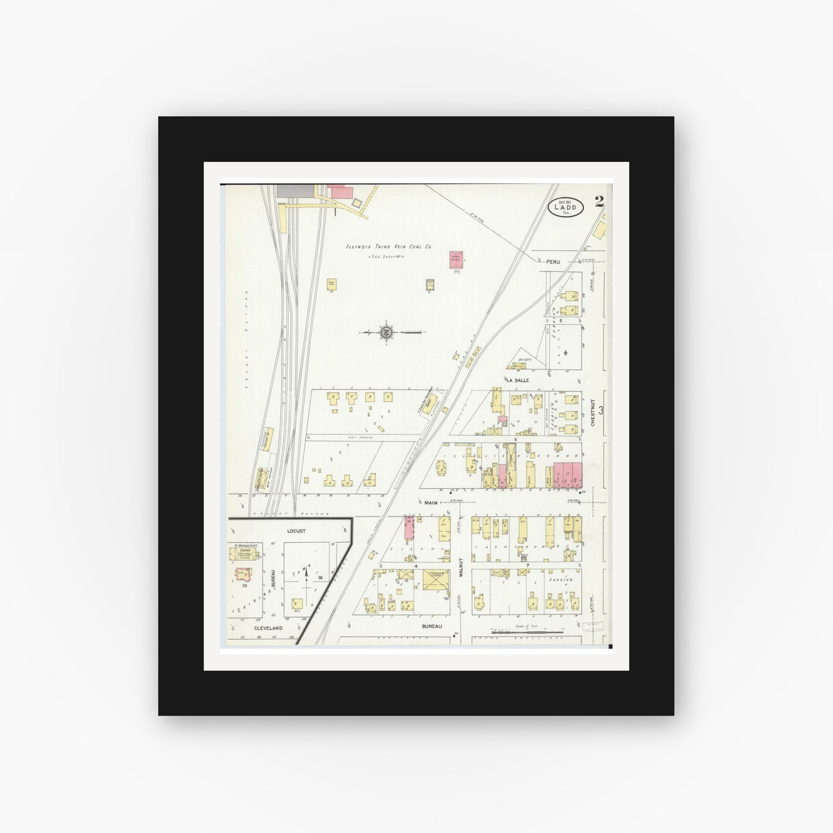 Old map wall art mockup — black gallery frame with white mat — Sanborn Fire Insurance Map from Ladd, Bureau County, Illinois (1911), Sheet #0002