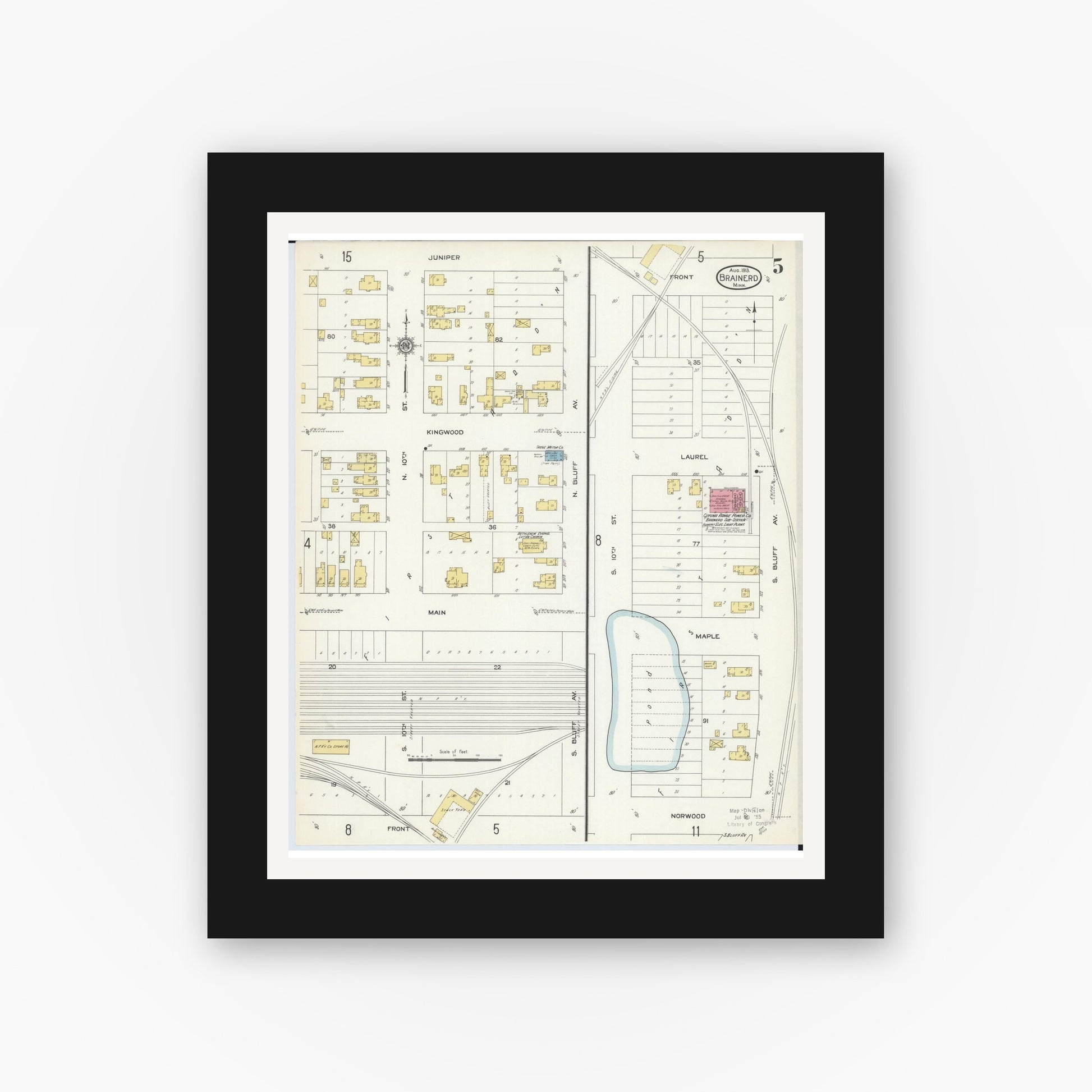Old map wall art mockup — black gallery frame with white mat — Sanborn Fire Insurance Map from Brainerd, Crow Wing County, Minnesota (1913), Sheet #0005