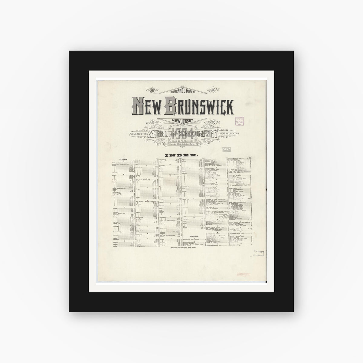 Old map wall art mockup — black gallery frame with white mat — Sanborn Fire Insurance Map from New Brunswick, Middlesex County, New Jersey (1904), Sheet #0001