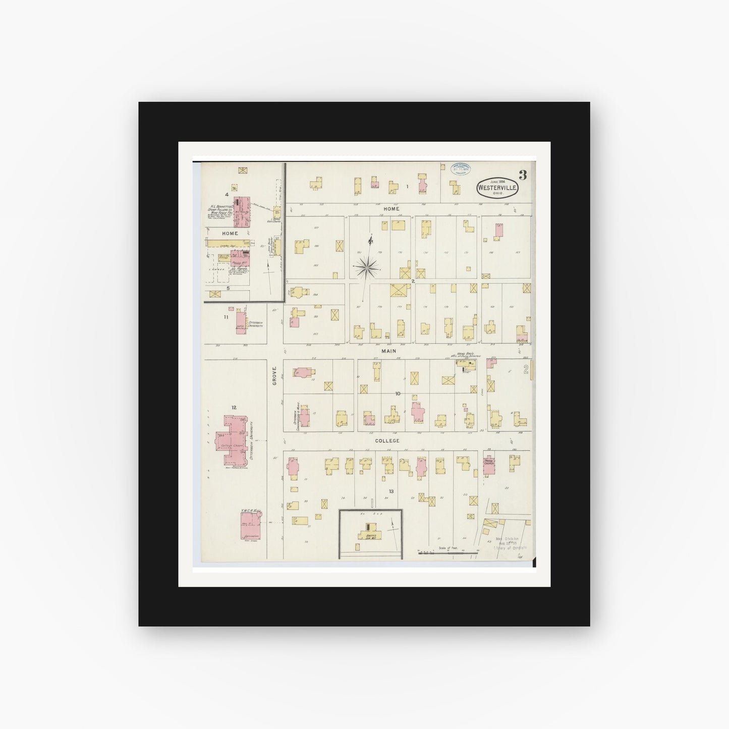 Old map wall art mockup — black gallery frame with white mat — Sanborn Fire Insurance Map from Westerville, Franklin County, Ohio (1894), Sheet #0003